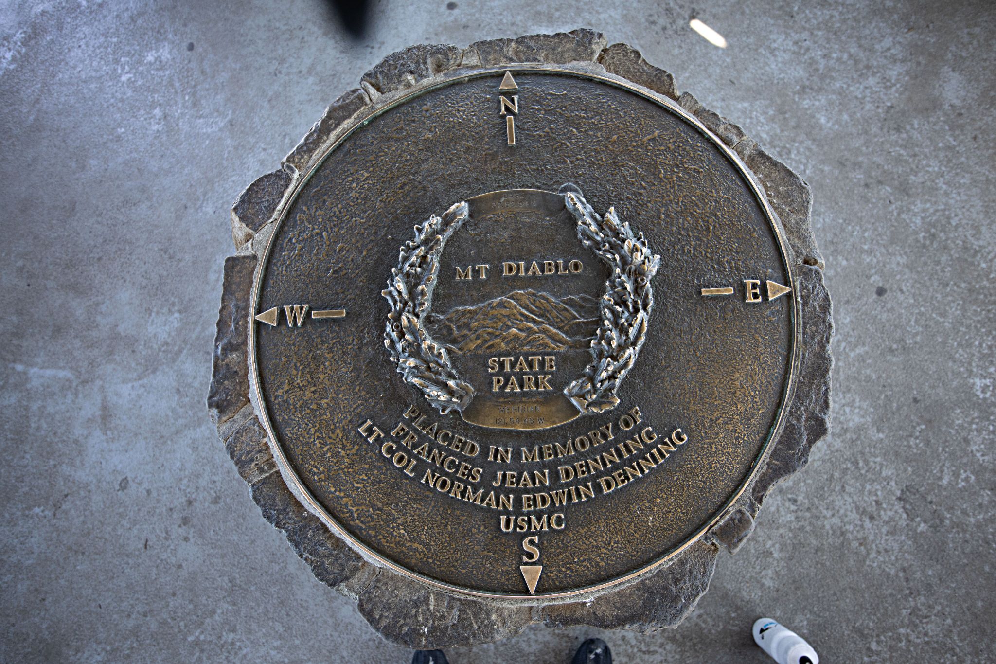 Bronze plaque marking the local point meridian on Mt. Diablo, State Park