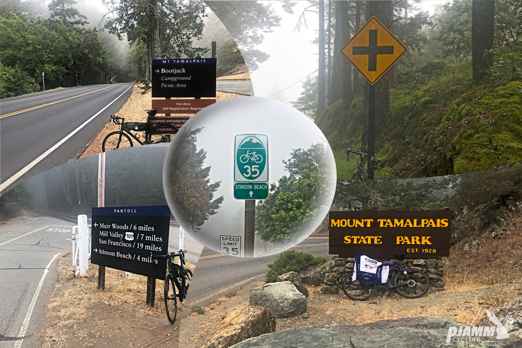 Cycling Mt. Tamalpais from Panoramic Highway South Cycling Mt. Tamalpais from Panoramic Highway South - photo collage, PJAMM Cycling logo in corner, bike parked against various signs along climb route, foggy day