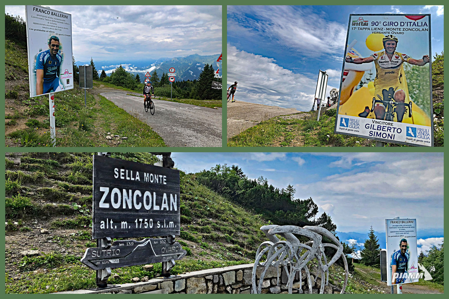 Cycling Monte Zoncolan from Sutrio - more KM markers along the climb picturing famous cyclists