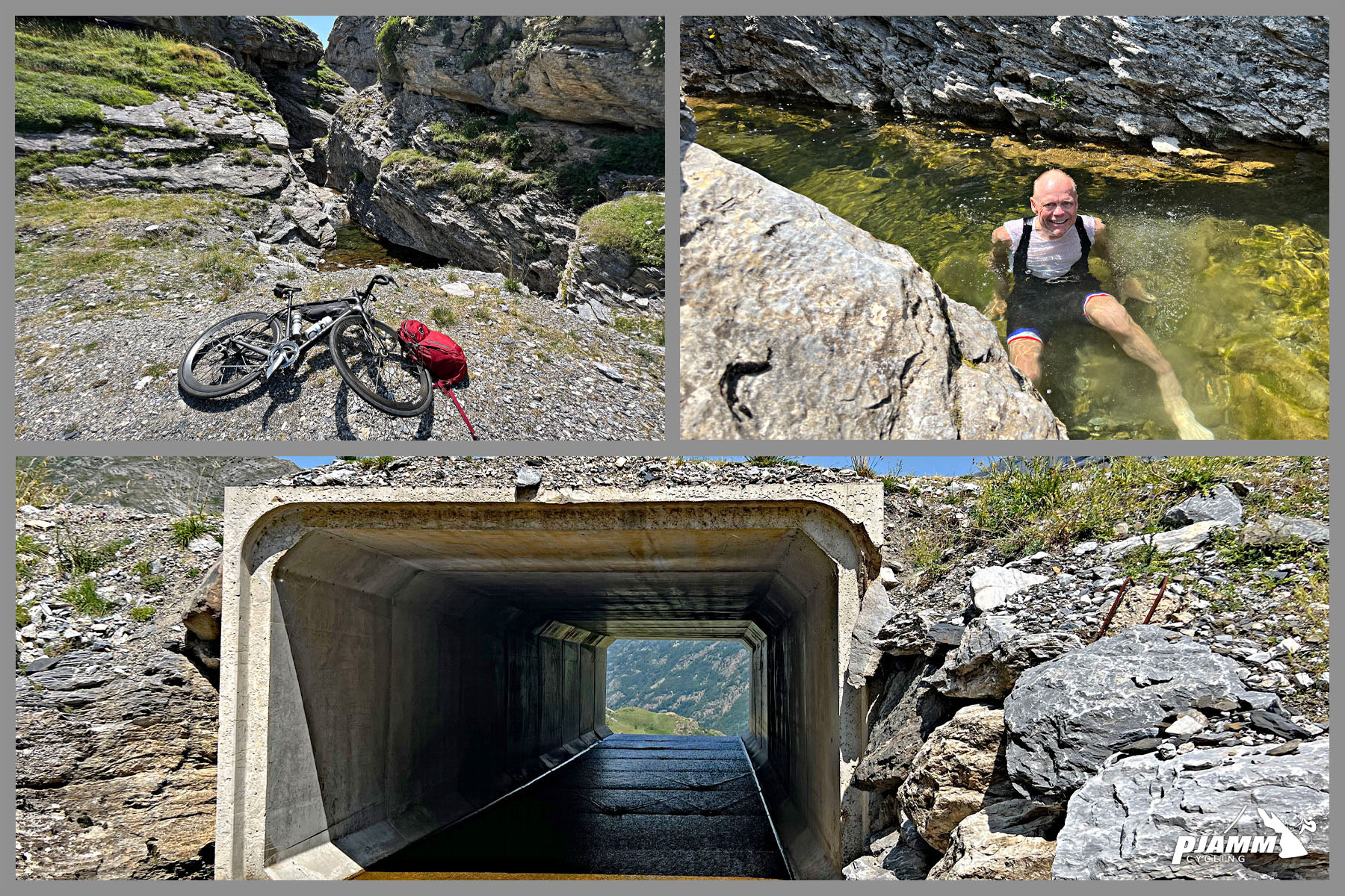 tunnel; cyclist takes a dip in cool water pond along roadside