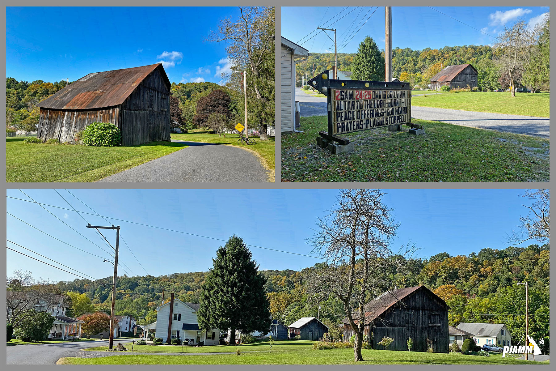 Cycling Pavia Road, Blue Knob State Park, Pennsylvania - photo collage, historical buildings of Pavia, PJAMM Cycling logo in corner