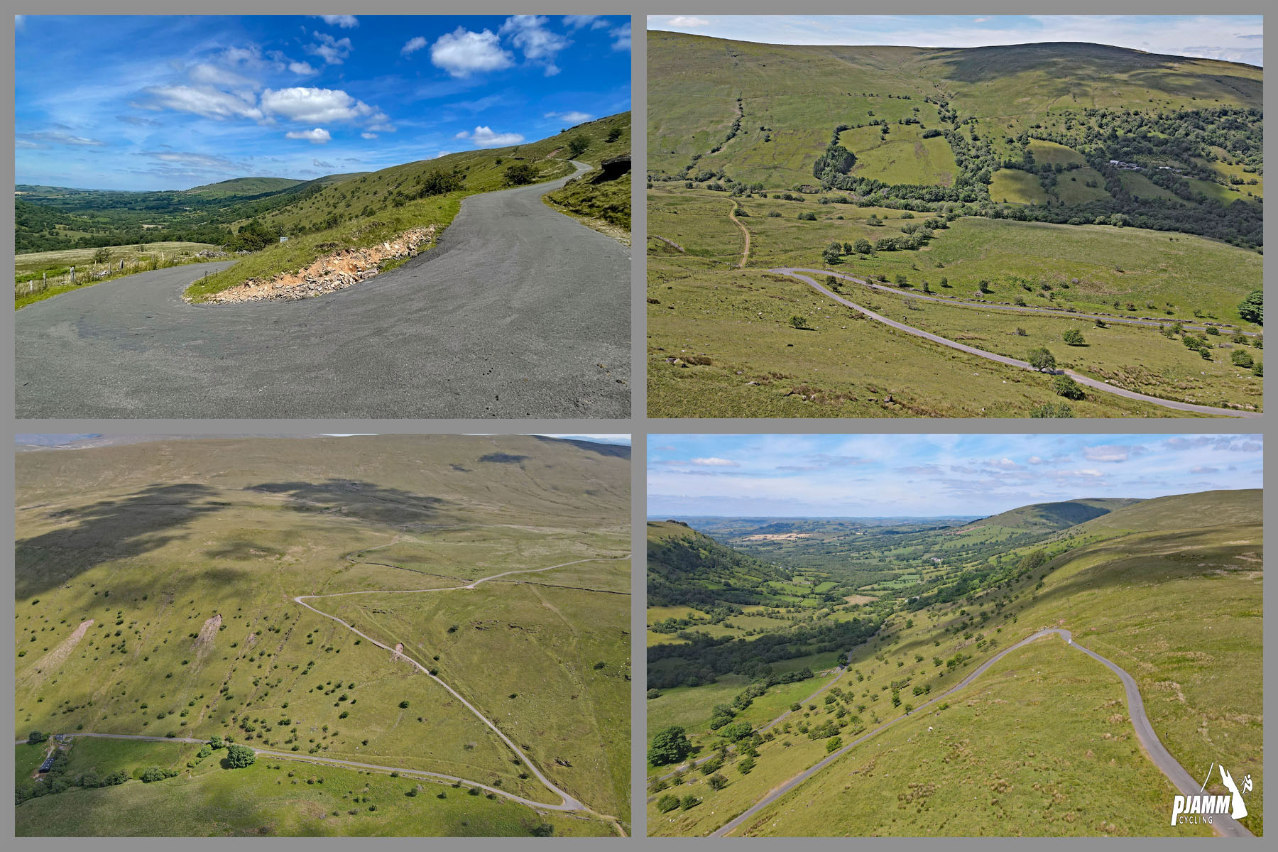 various views (street view and aerial drone view) of the Devil's Elbow switchback turn toward the top of the climb