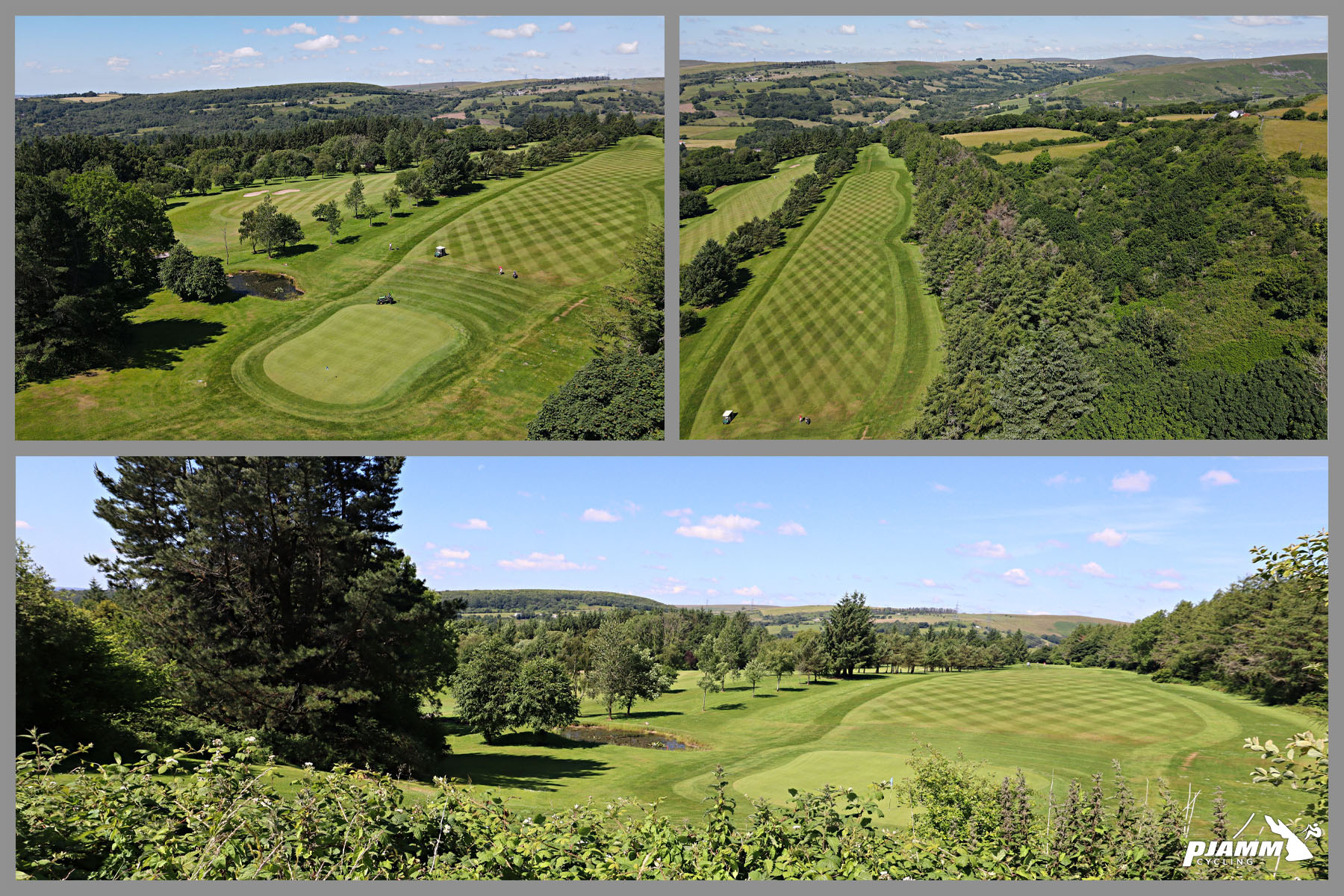 Cycling Llanguicke Road, Wales aerial views of Pontardawe golf course past climb finish