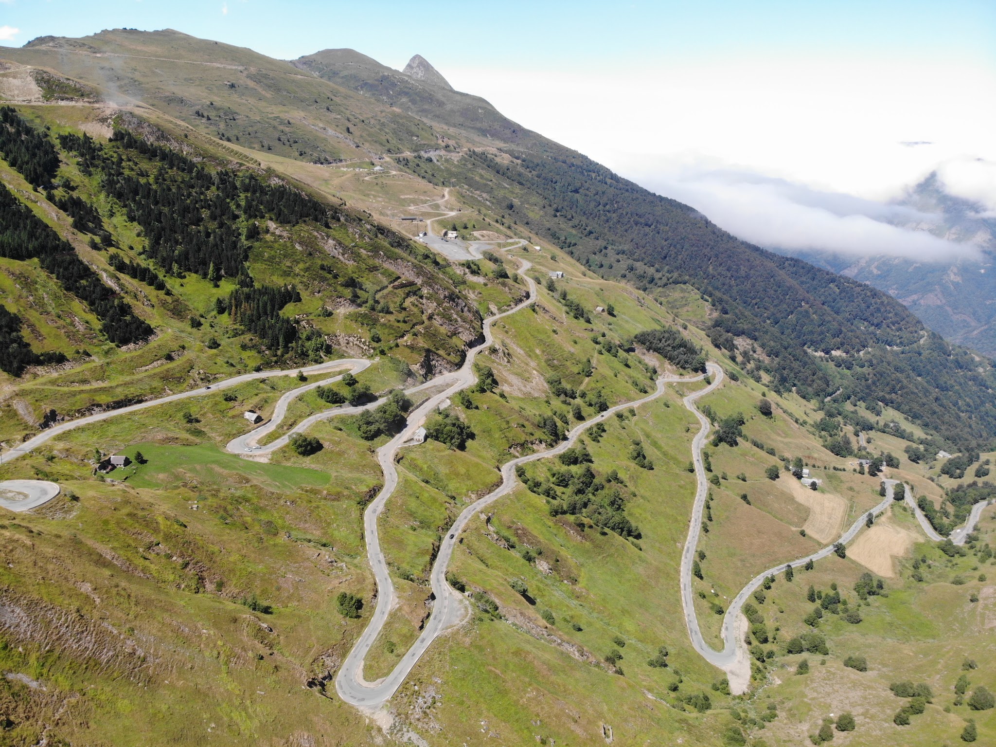 Climbing Luz Ardiden by bike - aerial drone photo of hairpins