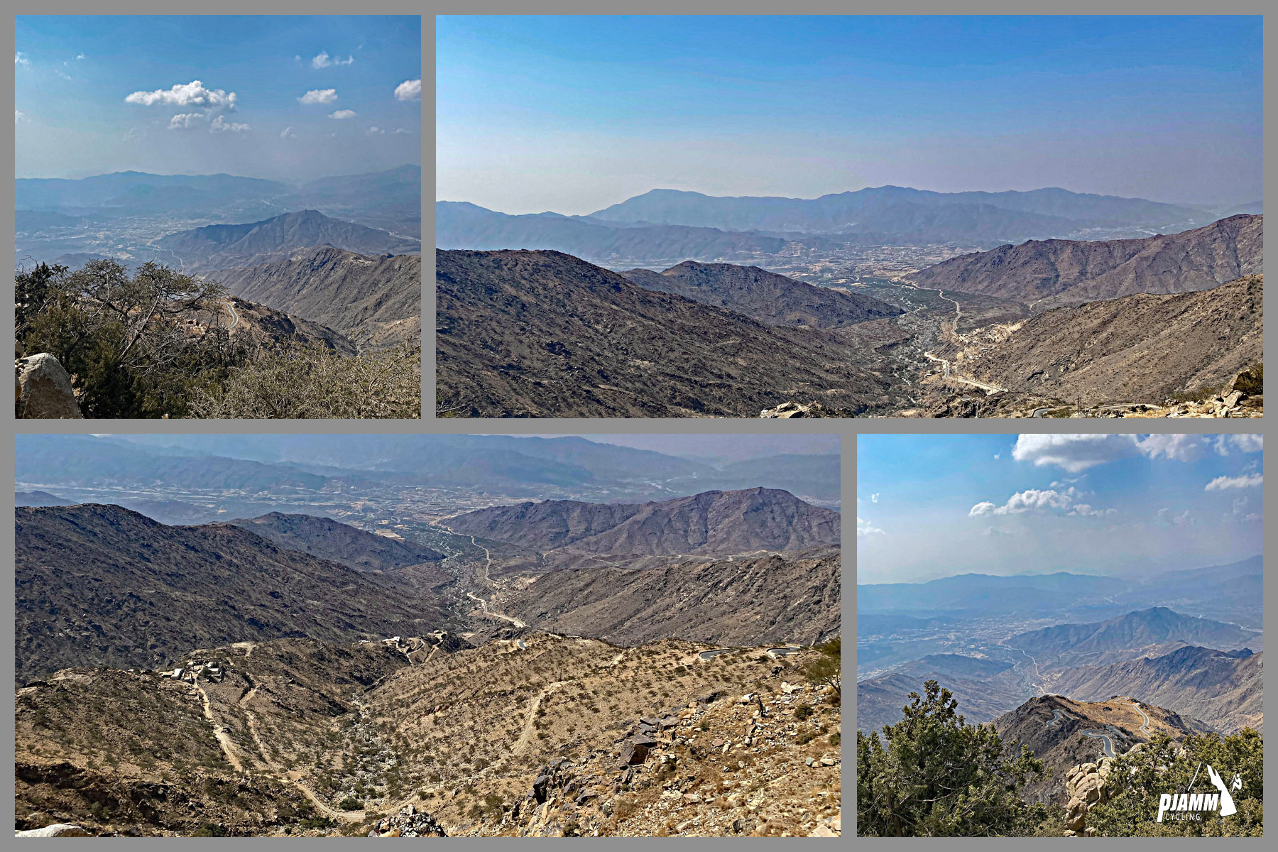 Cycling Baniamr Aquabah Pass, Saudi Arabia - photo collage shows views from the finish of the climb, looking back toward climb's start