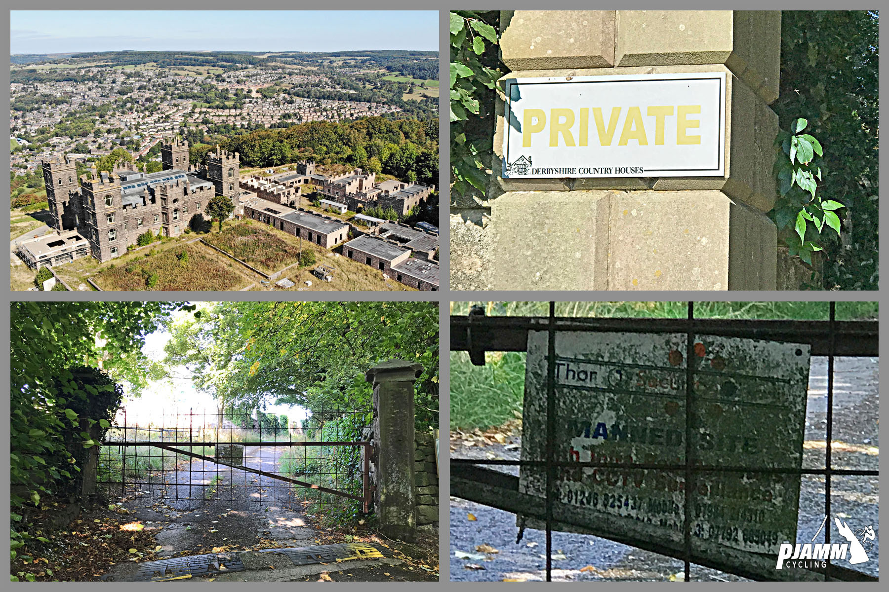 Cycling Riber, England - photo collage, aerial view of Riber Castle, signs noting it is a private residence, gate closing off entrance, PJAMM Cycling logo in corner 