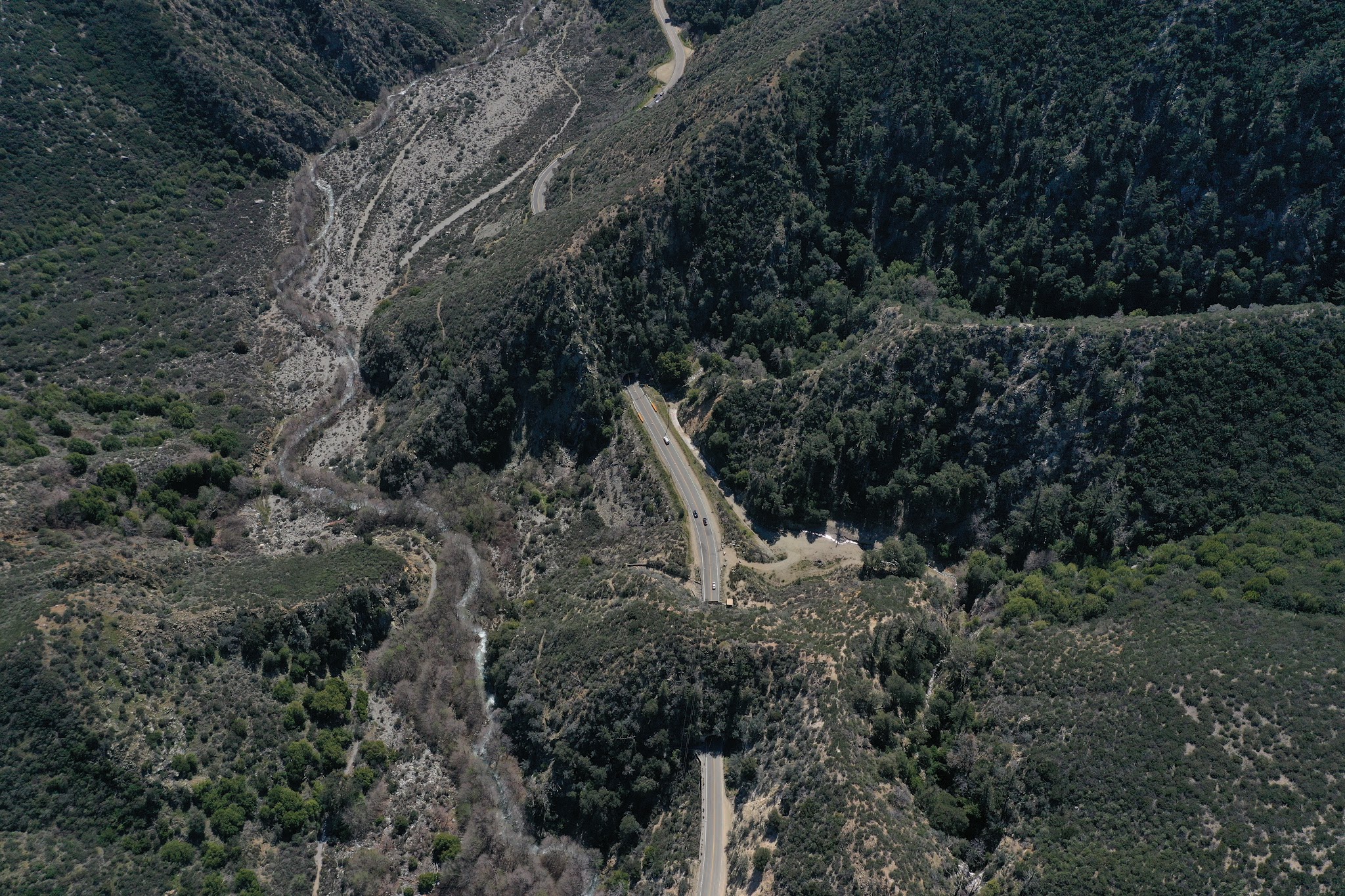 Cycling Mt. Baldy - aerial drone photo of 2 tunnels on Mt. Baldy Road - road and tunnels