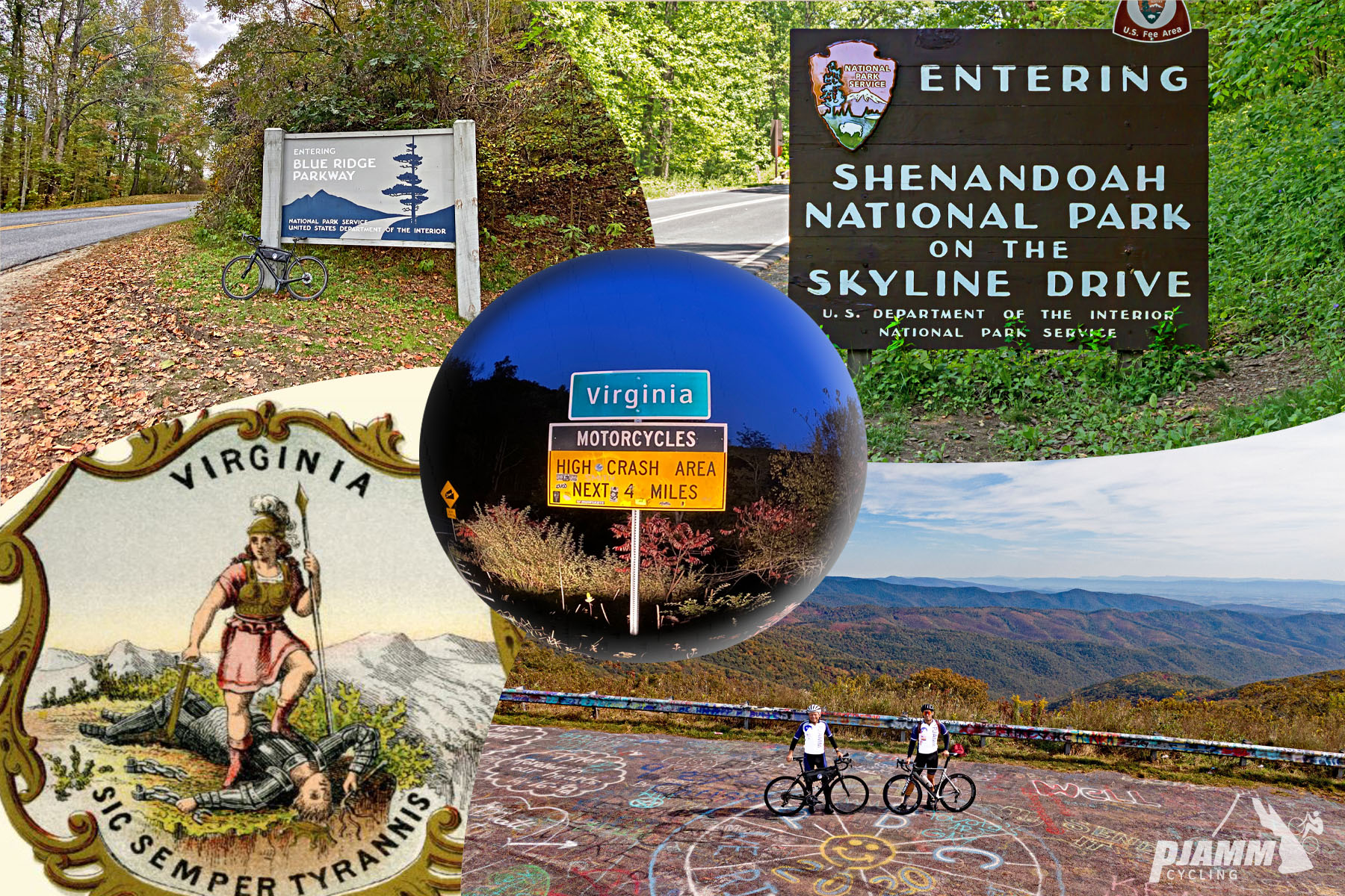 Virginia Top Bike Climbs - signs for Blue Ridge Parkway, Shenandoah National Park, Virginia, and the Virginia State Seal, PJAMM Cycling logo in corner