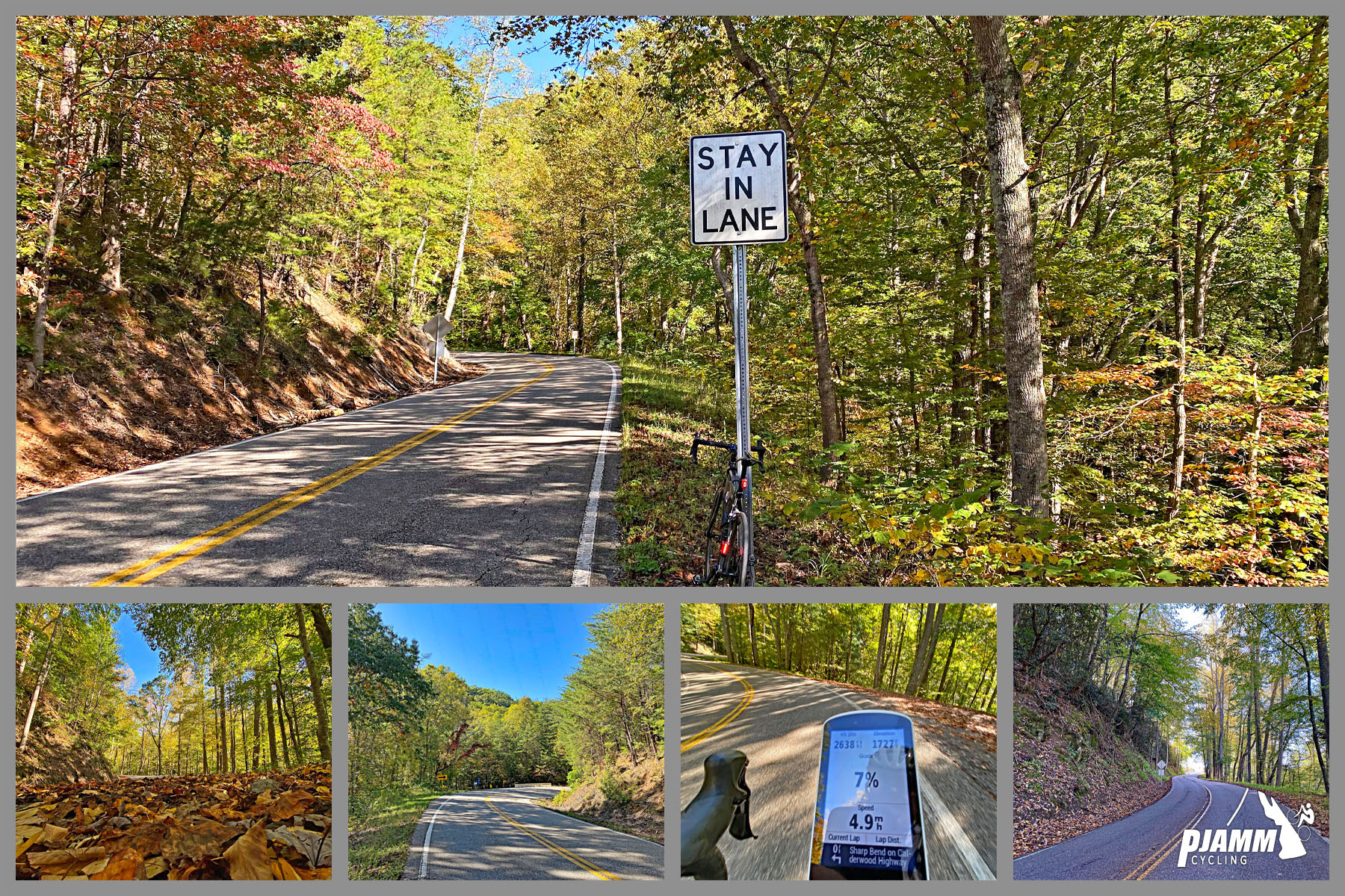Cycling Head of the Dragon, Tennessee - road sign reads "Stay in Lane"
