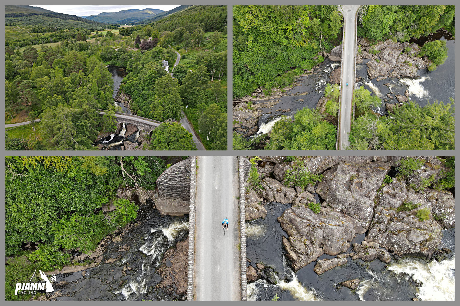 photo collage shows aerial drone view of PJAMM Cyclist crossing Bridge of Balgie