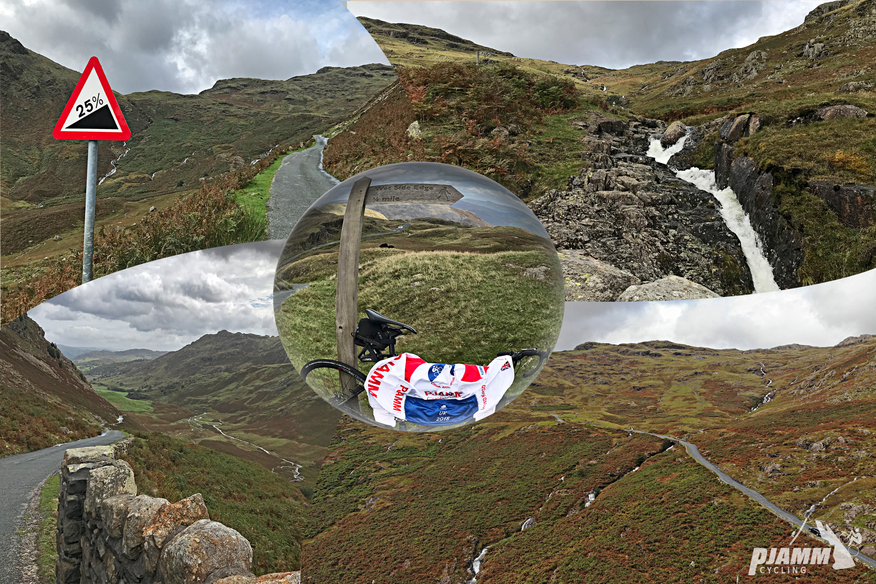 photo collage; views along mountainside on wet, foggy day, road sign warns of 25% grades, small waterfall along mountainside