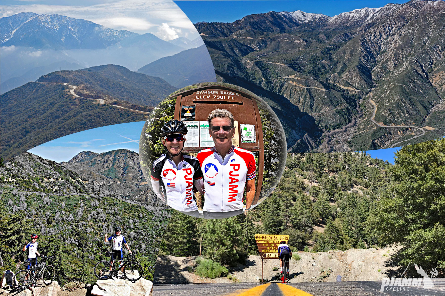 photo collage shows PJAMM Cyclists riding on Glendora Mountain Road, Crystal Lake, Mt. Baldy, Mt. Wilson, and Dawson Saddle