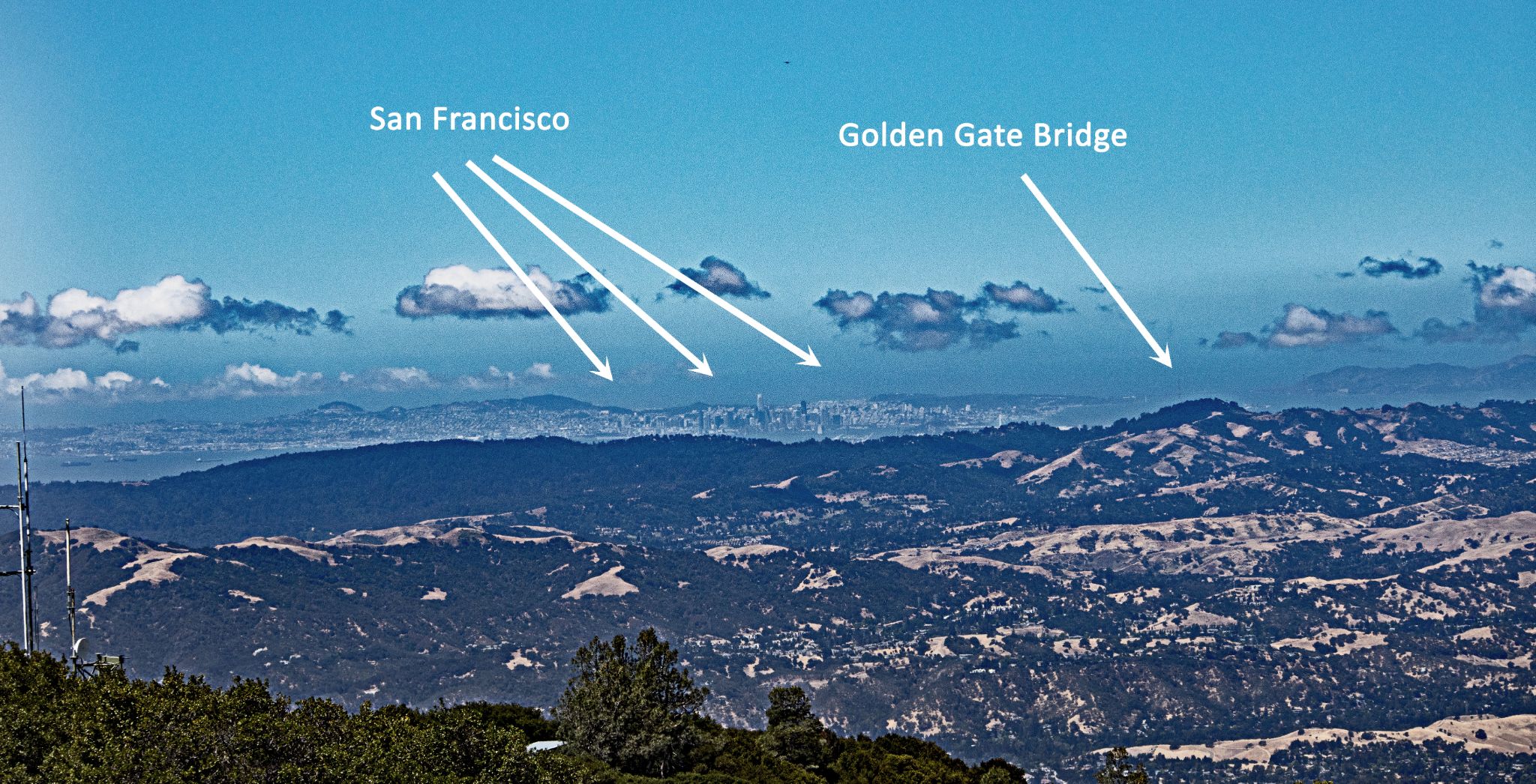 view from the summit, San Francisco and the Golden Gate Bridge can be seen in the distance