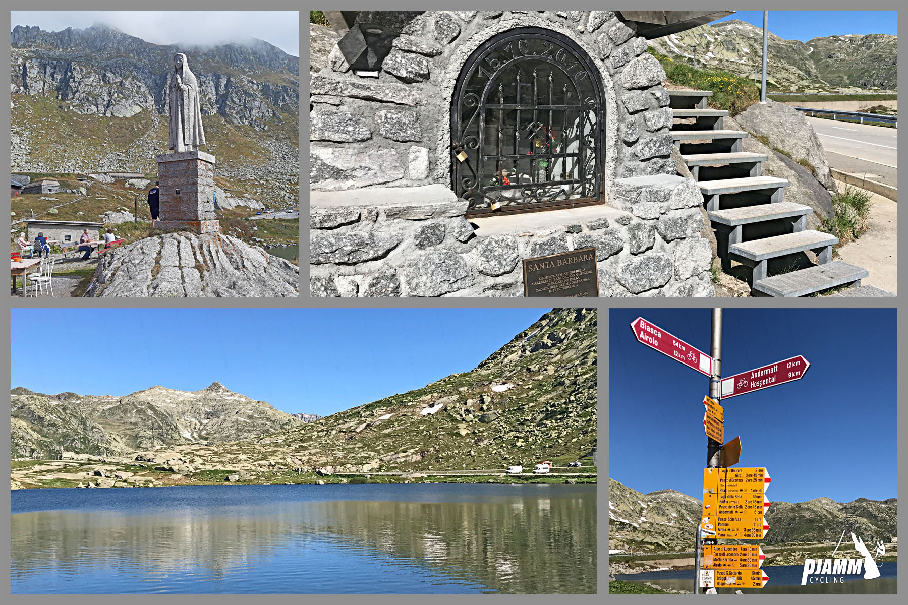 Cycling Gotthard Pass (St. Gotthard Pass), Switzerland - climb finish, Lago della Piazza, large lake surrounded by hillsides, stone monuments