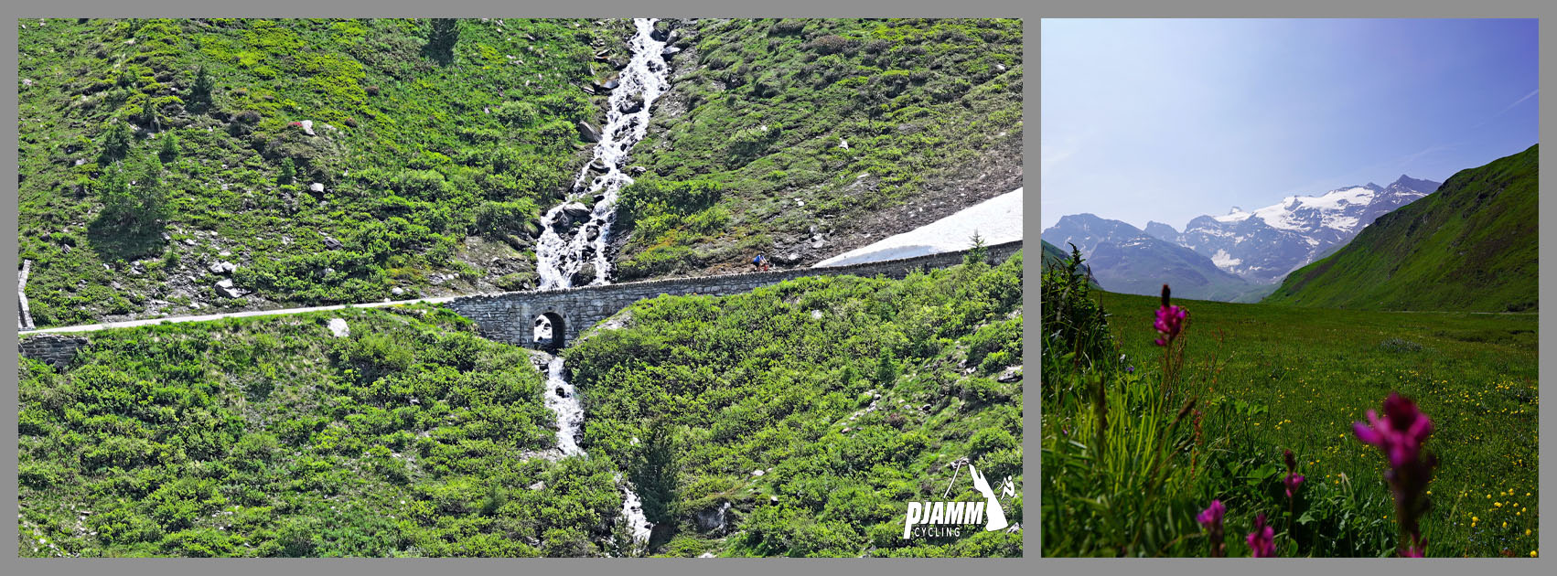 Cycling Col de L'Iseran: stone bridge at kilometer 8.5; pink and yellow wildflowers growing in mountainside fields
