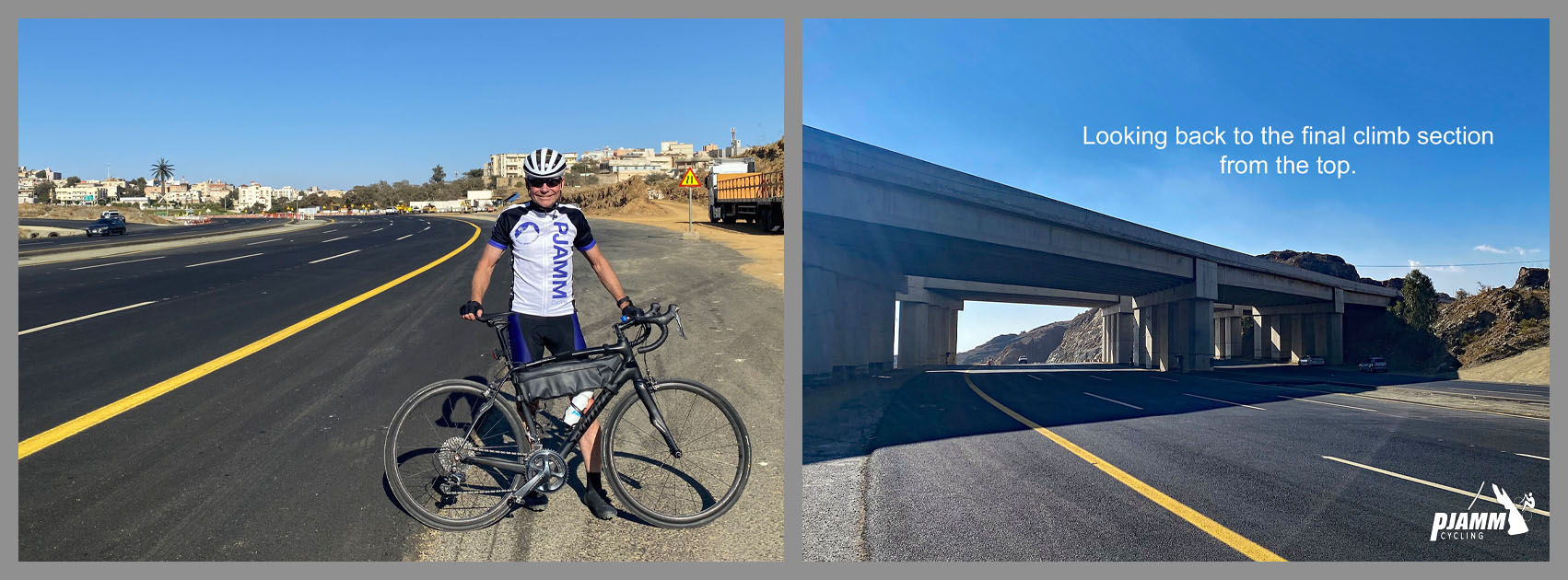 Cycling Al Bahah Pass, Saudi Arabia - PJAMM Cyclist John Johnson stands with bike along roadway, looking back at the final climb section from top of climb