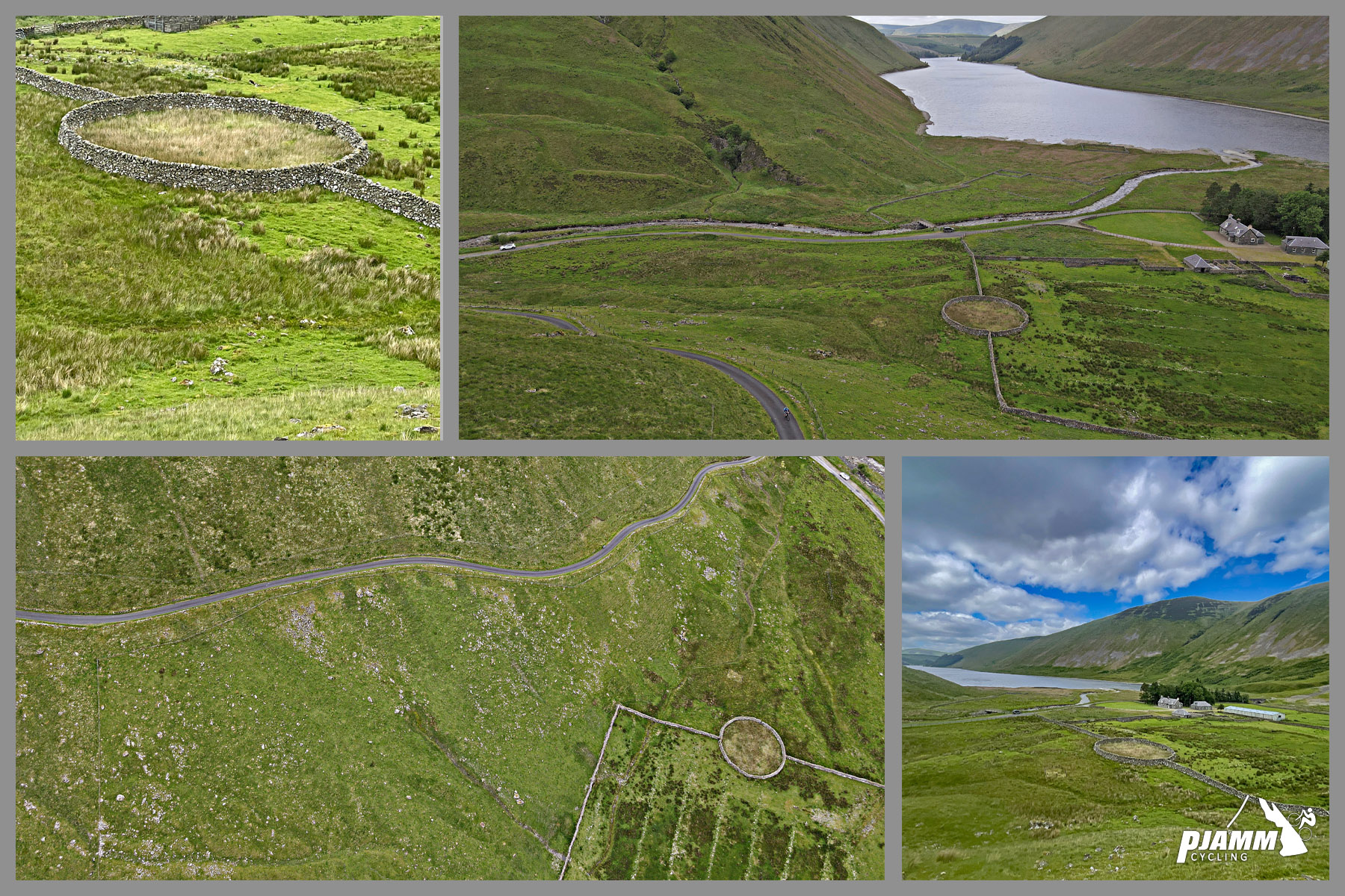 aerial drone view shows round stone livestock pen, green pastureland