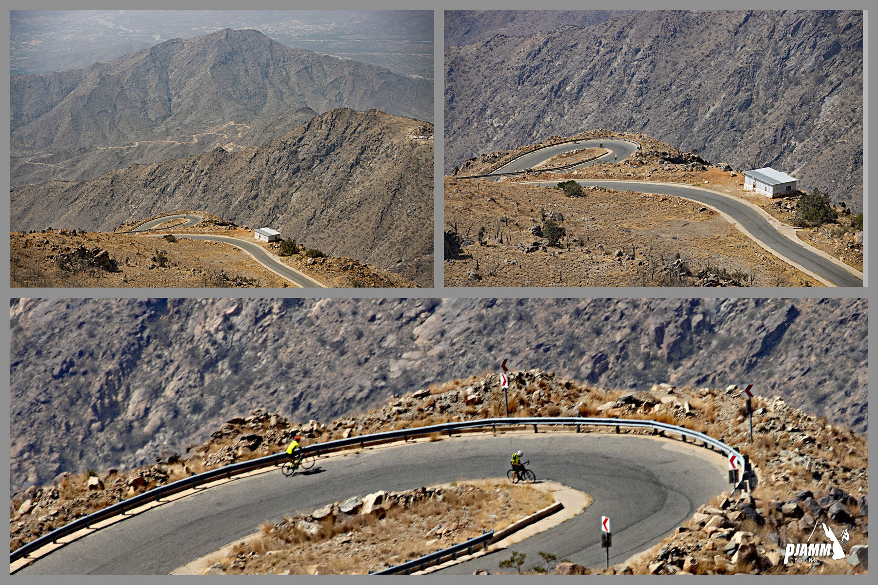 Cycling Baniamr Aquabah Pass, Saudi Arabia - photo collage shows views looking down the mountain from above, sharpe hairpin turn, two PJAMM Cyclists riding, PJAMM Cycling logo in corner