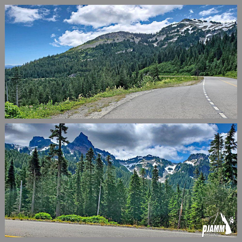 Cycling Mt. Rainier, Stevens Canyon, Washington - Pinnacle Peak and Tatoosh Range as seen from roadside along climb, PJAMM Cycling logo in corner