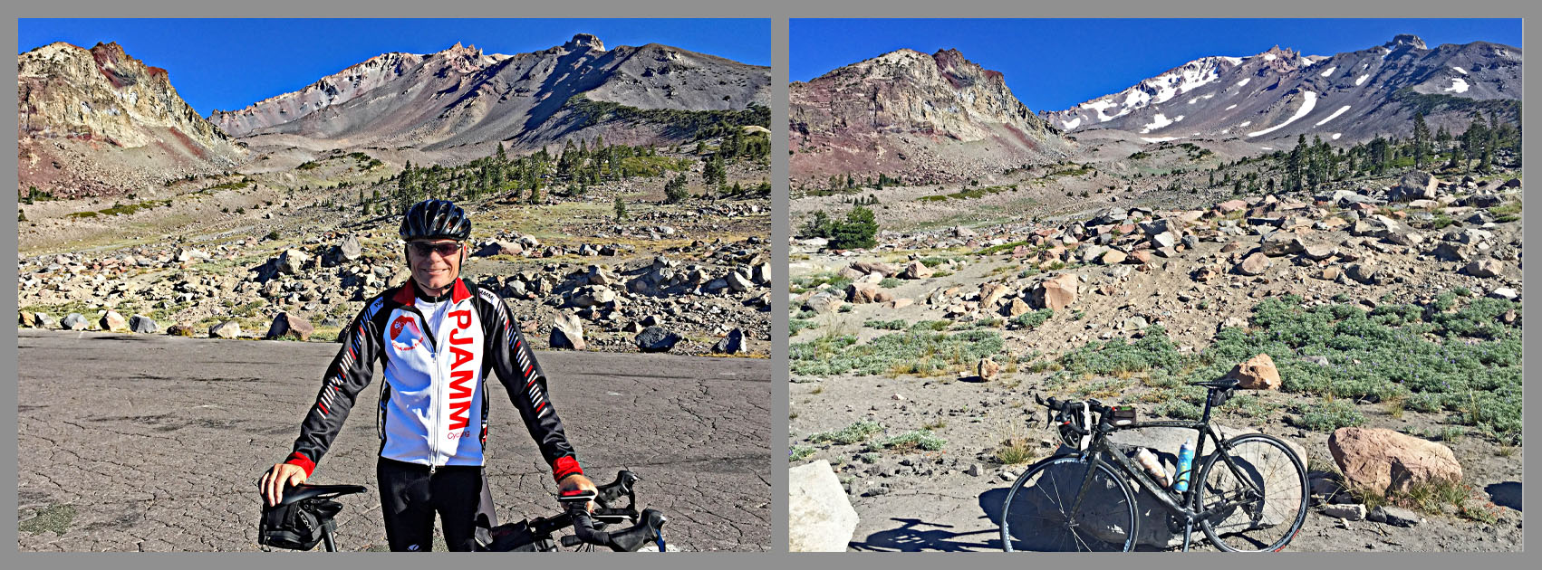 PJAMM Cyclist stands with bike atop rocky mountain finish of Mt. Shasta bike climb