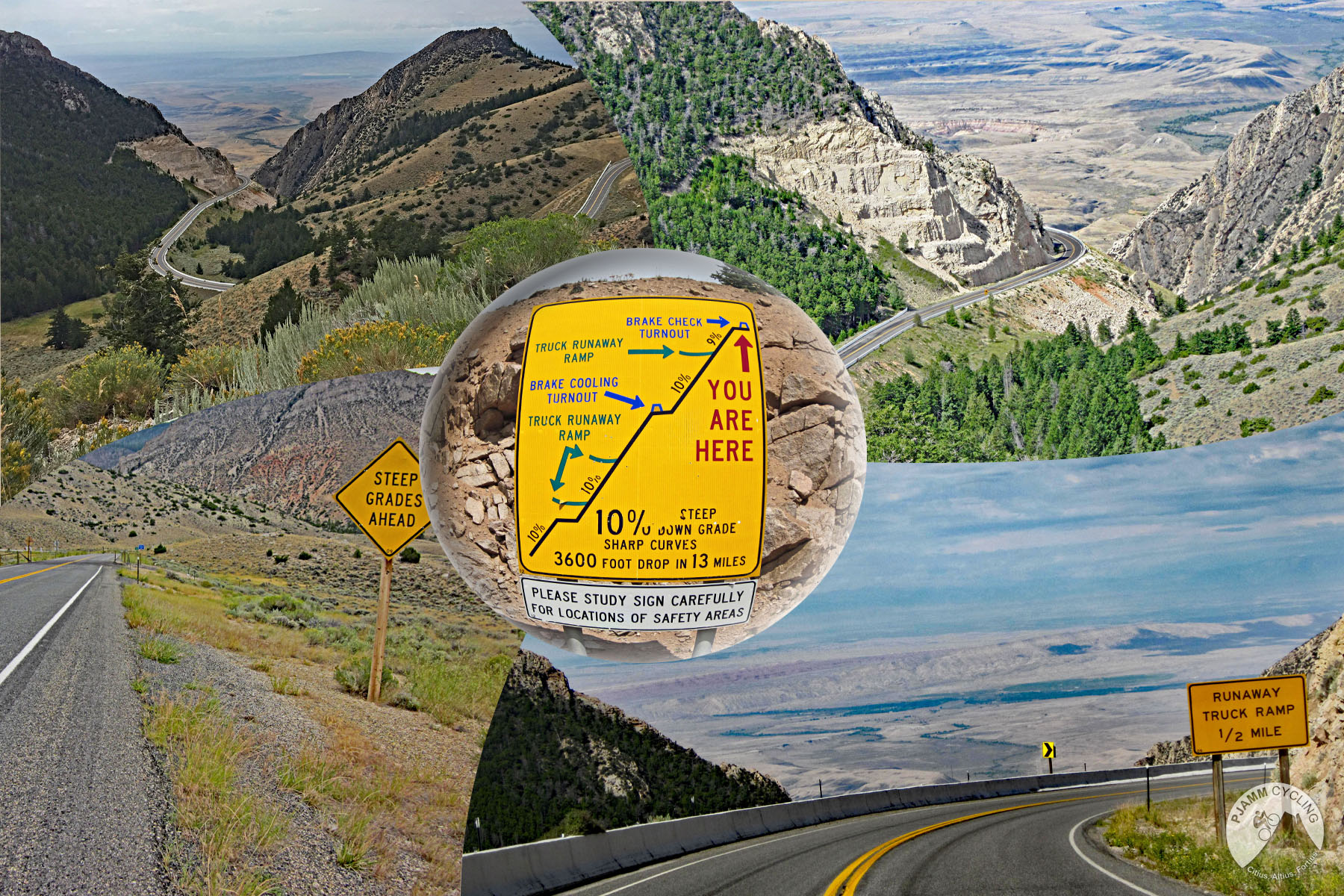 Cycling Wyoming's Top Bike Climbs - Cycling Alternate Route 14, Wyoming - photo collage, road sign showing "locations of safety" ahead, views along roadway climbing up Alternate Route 14 over the plains, PJAMM Cycling logo in corner
