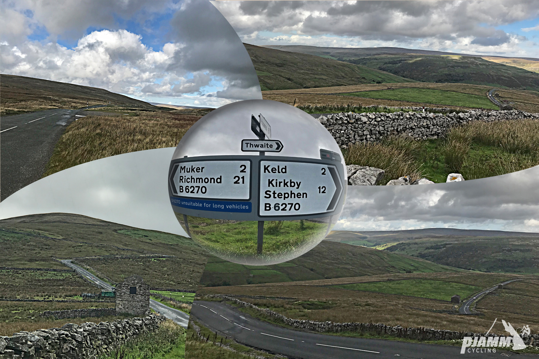 photo collage shows old stone-lined pasturelands and road signs