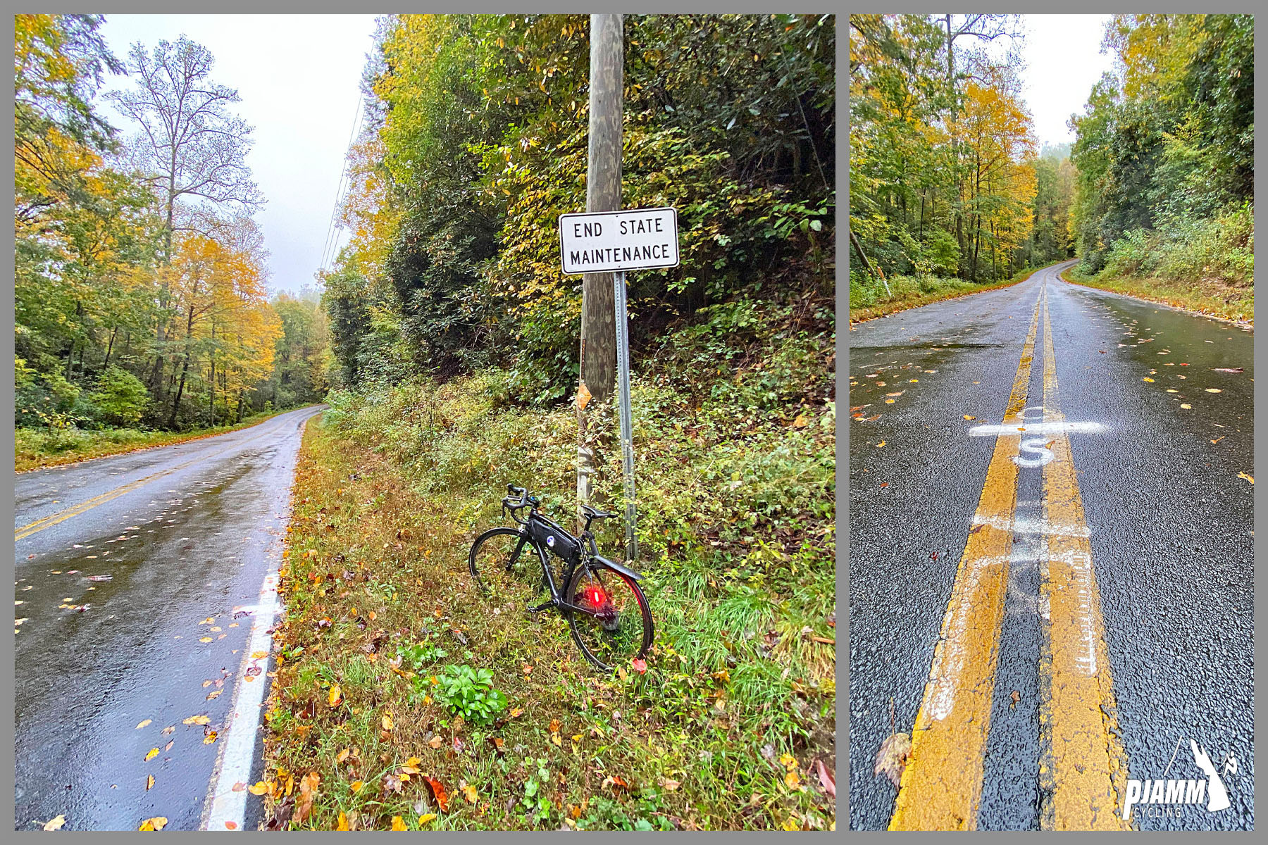 Cycling Sassafras Mountain, South Carolina - bike parked at road sign at mile 3, road surrounded by dense forestation