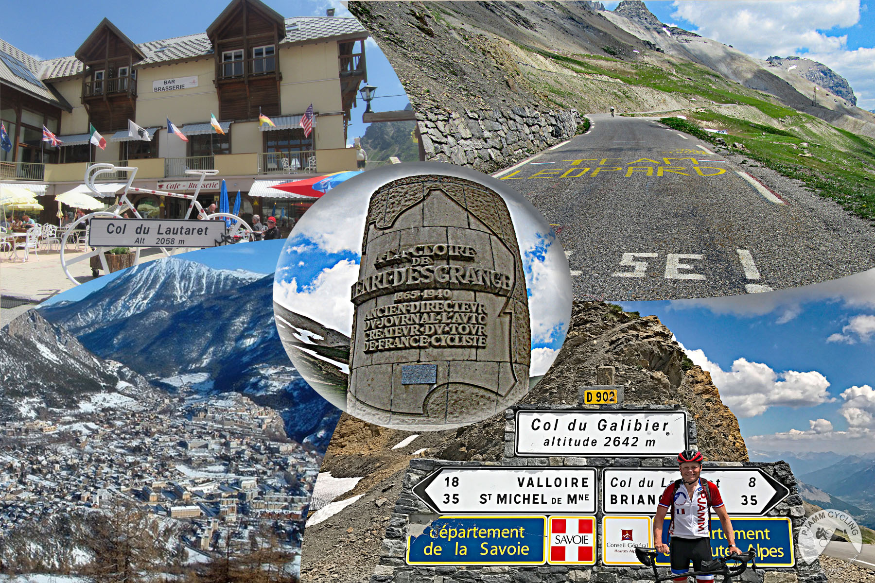 Cycling Col du Galibier, France - photo collage, road sign for Col du Lautaret, stone sign, village in french alps, John Johnson standing with bike in front of sign for Col du Galibier