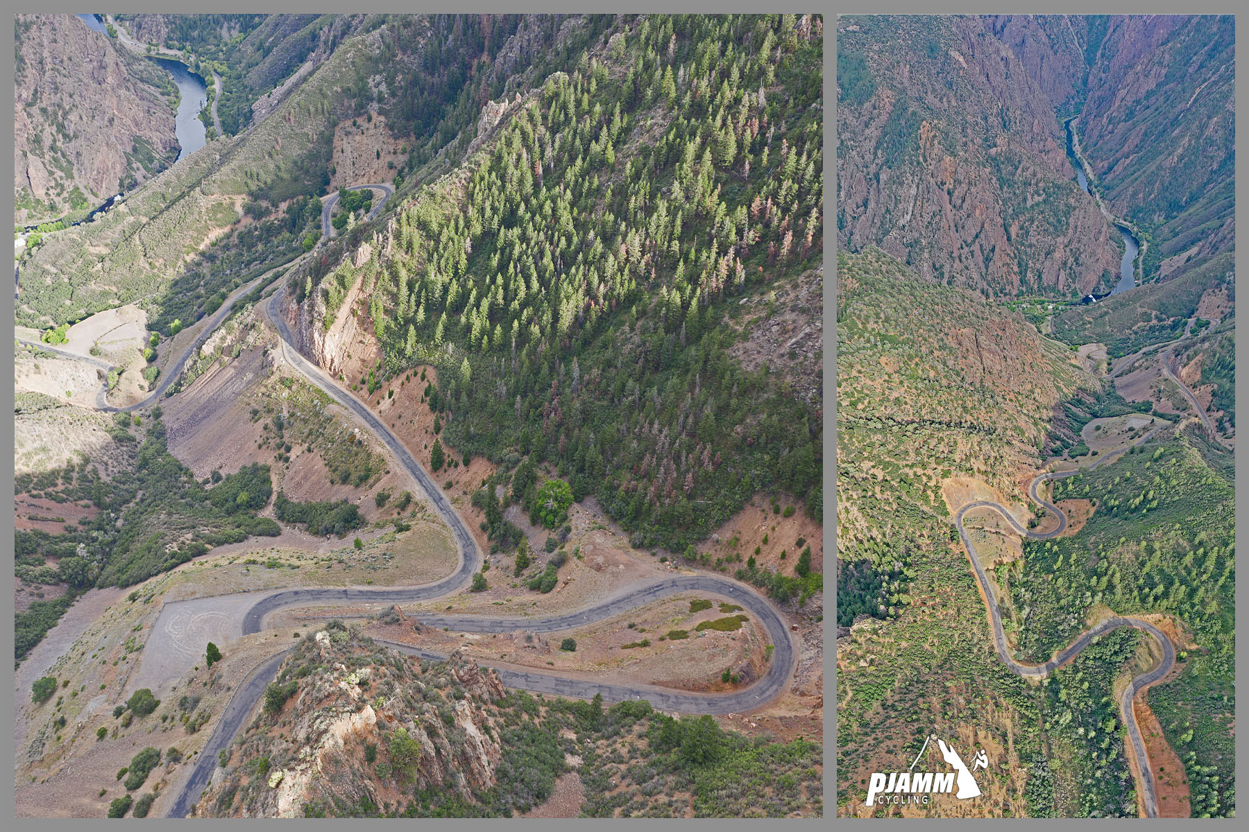 Cycling East Portal, Black Canyon of the Gunnison National Park Cycling East Portal, Black Canyon of the Gunnison National Park - aerial views of road snaking up mountainside, PJAMM Cycling logo in corner
