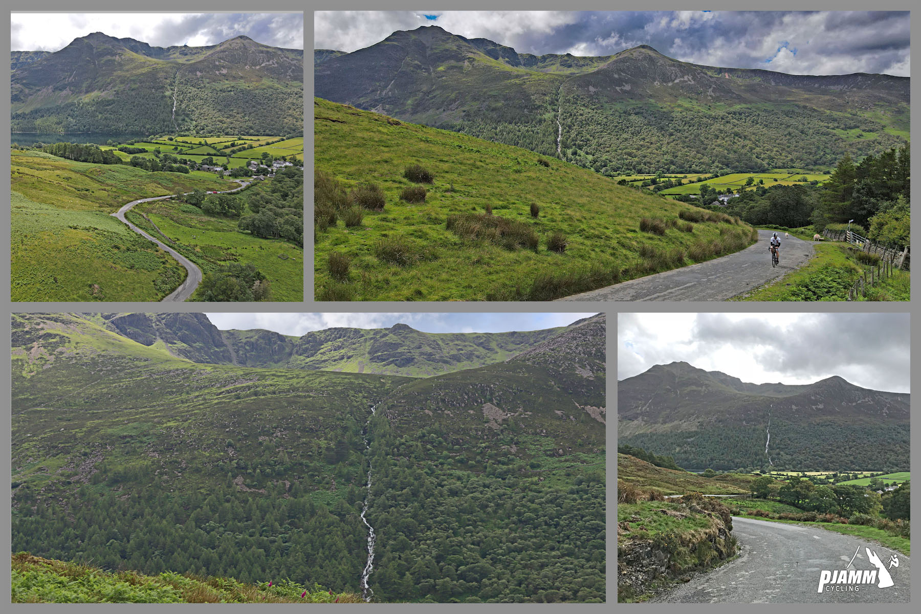 photo collage shows small waterfall on lush green mountainside, English countryside