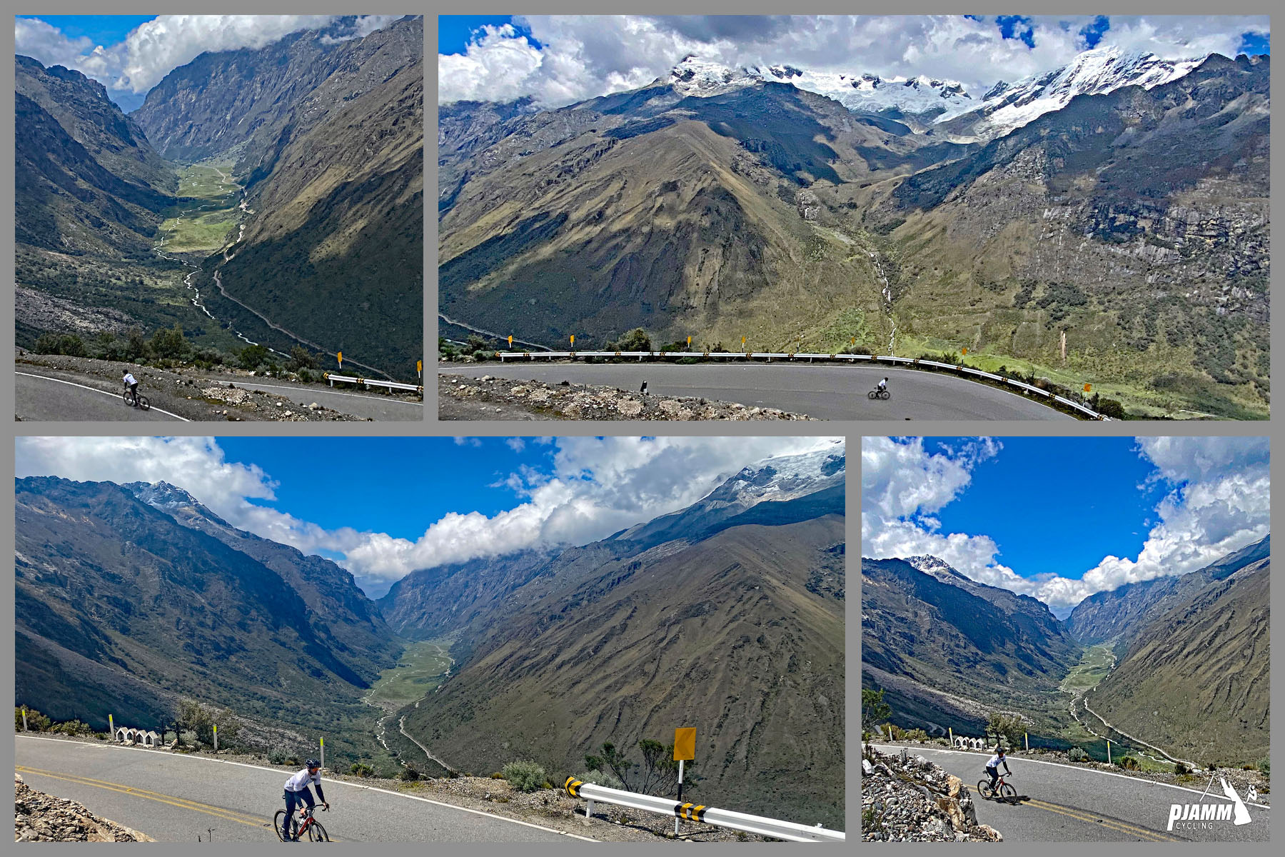 photo collage shows PJAMM Cyclist riding up the hairpins, Ulta Valley behind