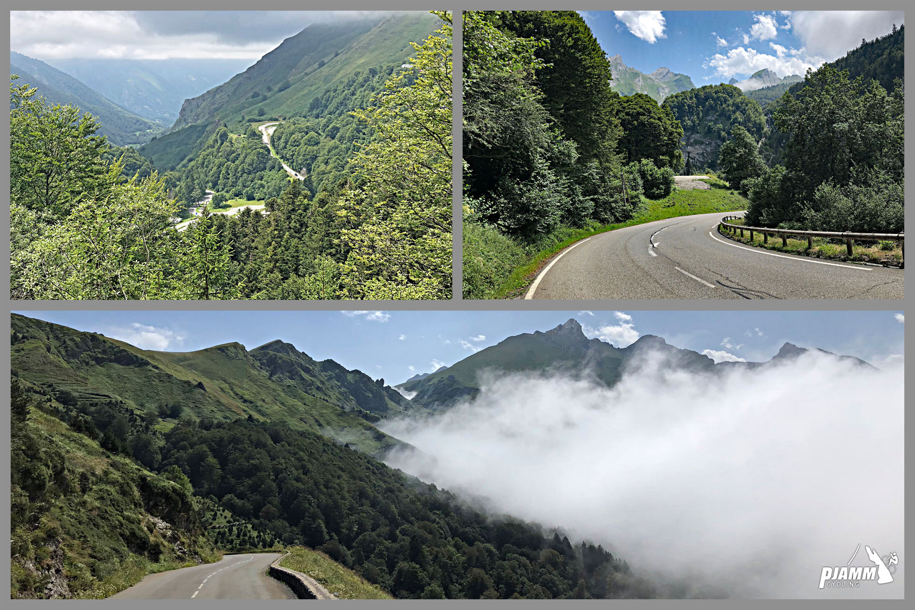 photo collage; two-lane mountain roadway surrounded by lush green landscape, mountains in distance, fog rolling in