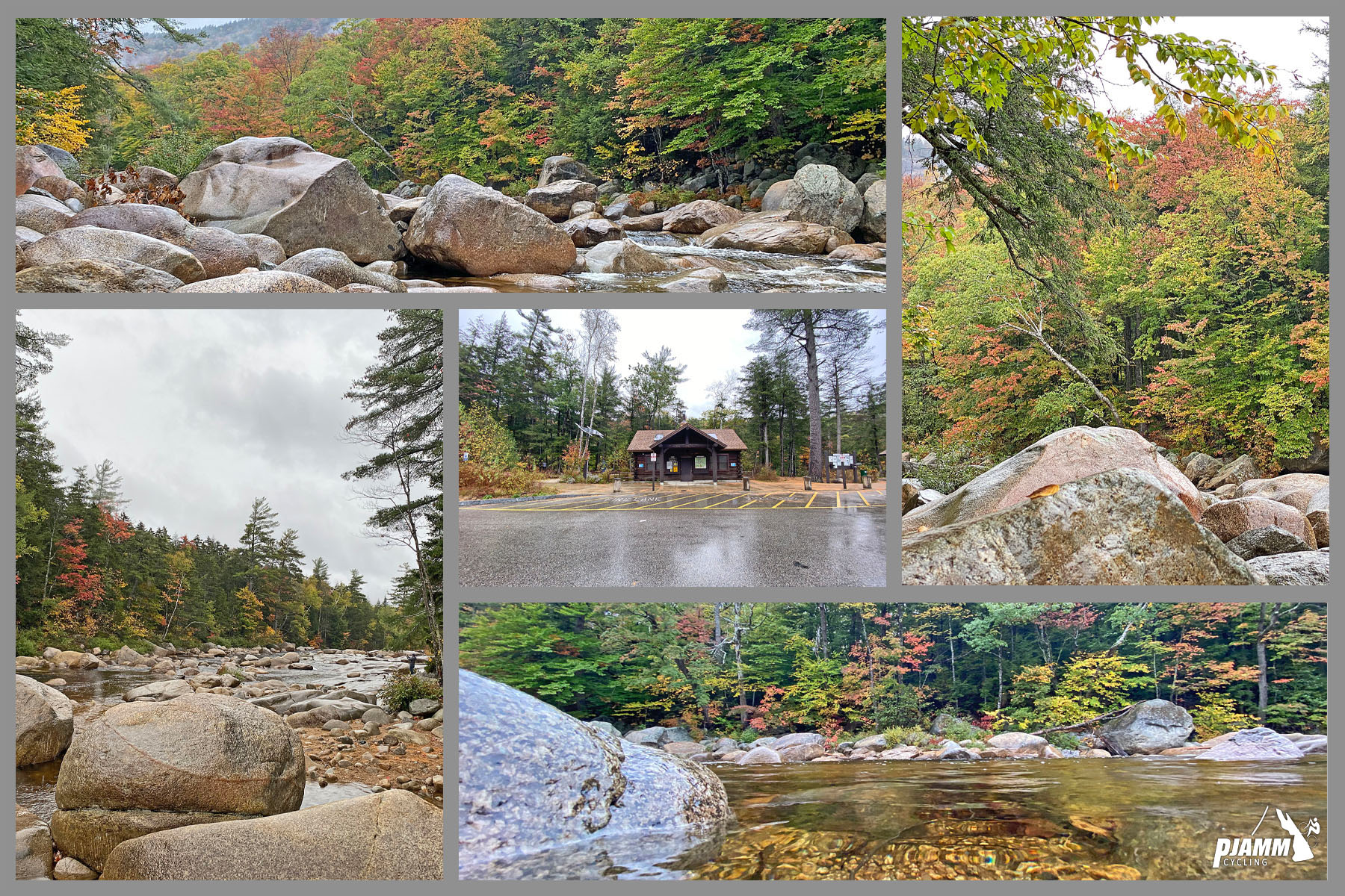 Cycling Kancamagus East (Conway), New Hampshire - Lower Falls Recreation Site, large boulders in creek bed, fall foliage, PJAMM Cycling logo