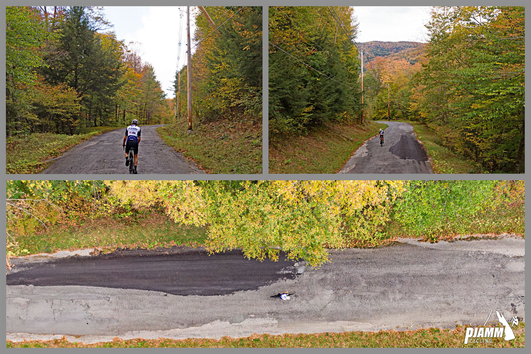 Cycling Kinsley Hill Road, Massachusetts - cyclist climbs on rural, one-lane road surrounded by dense fall foliage, PJAMM Cycling logo in corner