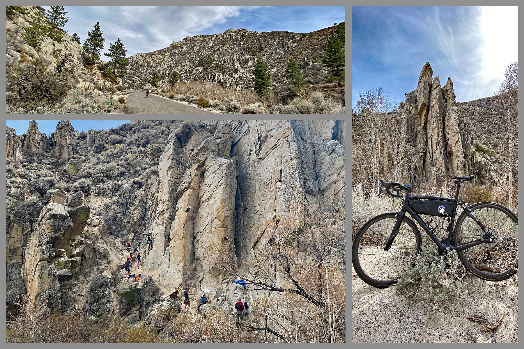 Cycling Old Clear Creek Road, NV - bike parked in front of rock formations and a rock climbing wall on roadside