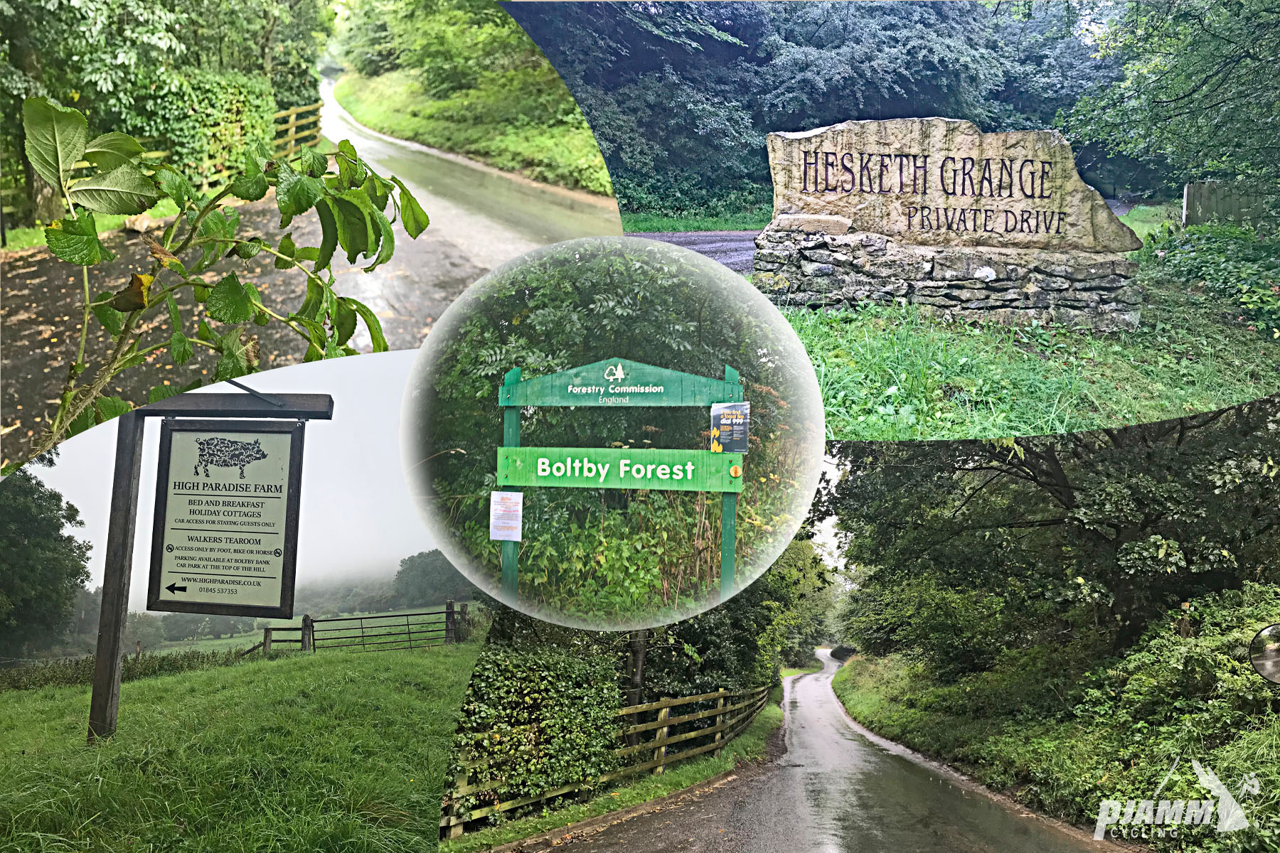 Cycling Boltby Bank, North Yorkshire, England - photo collage, PJAMM Cycling logo in corner, rainy day, lots of greenery, rainy one-lane road surrounded by greenery, sign for Boltby Forest, sign for Hesketh Grange Private Drive