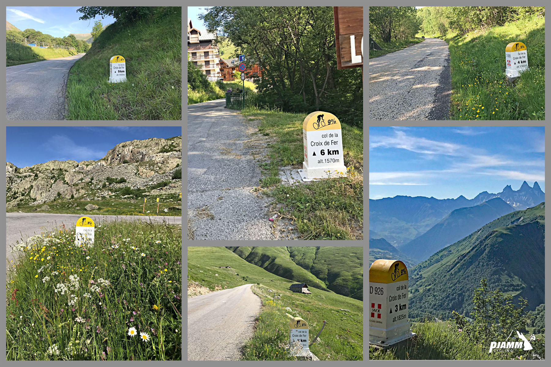 Cycling Col d la Croix de Fer from Saint-Jean-de-Maurienne - photo collage shows KM markers along the climb