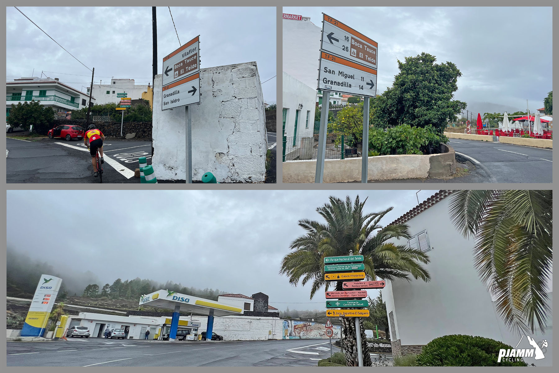 photo collage of town of Vilaflor; colorful street signs, Palm trees, white buildings