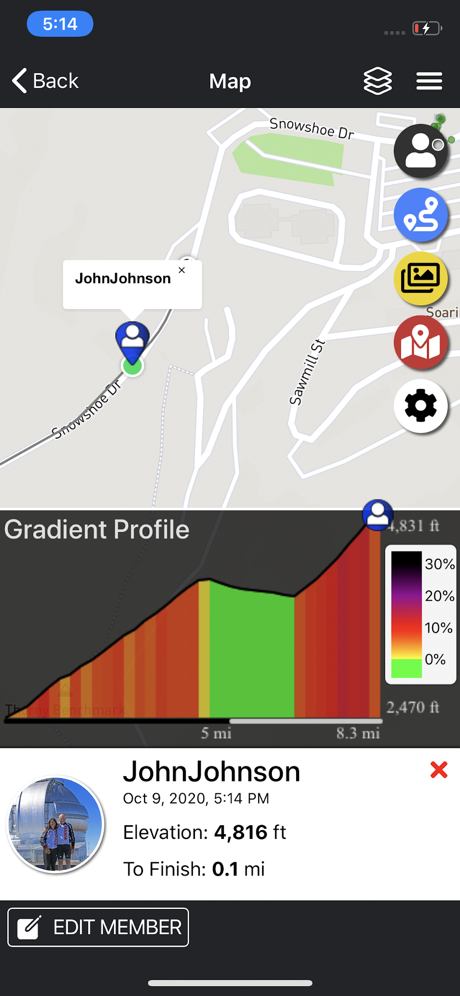 Cycling Snow Shoe Drive East, West Virginia - PJAMM Adventure App shows climb grade and profile