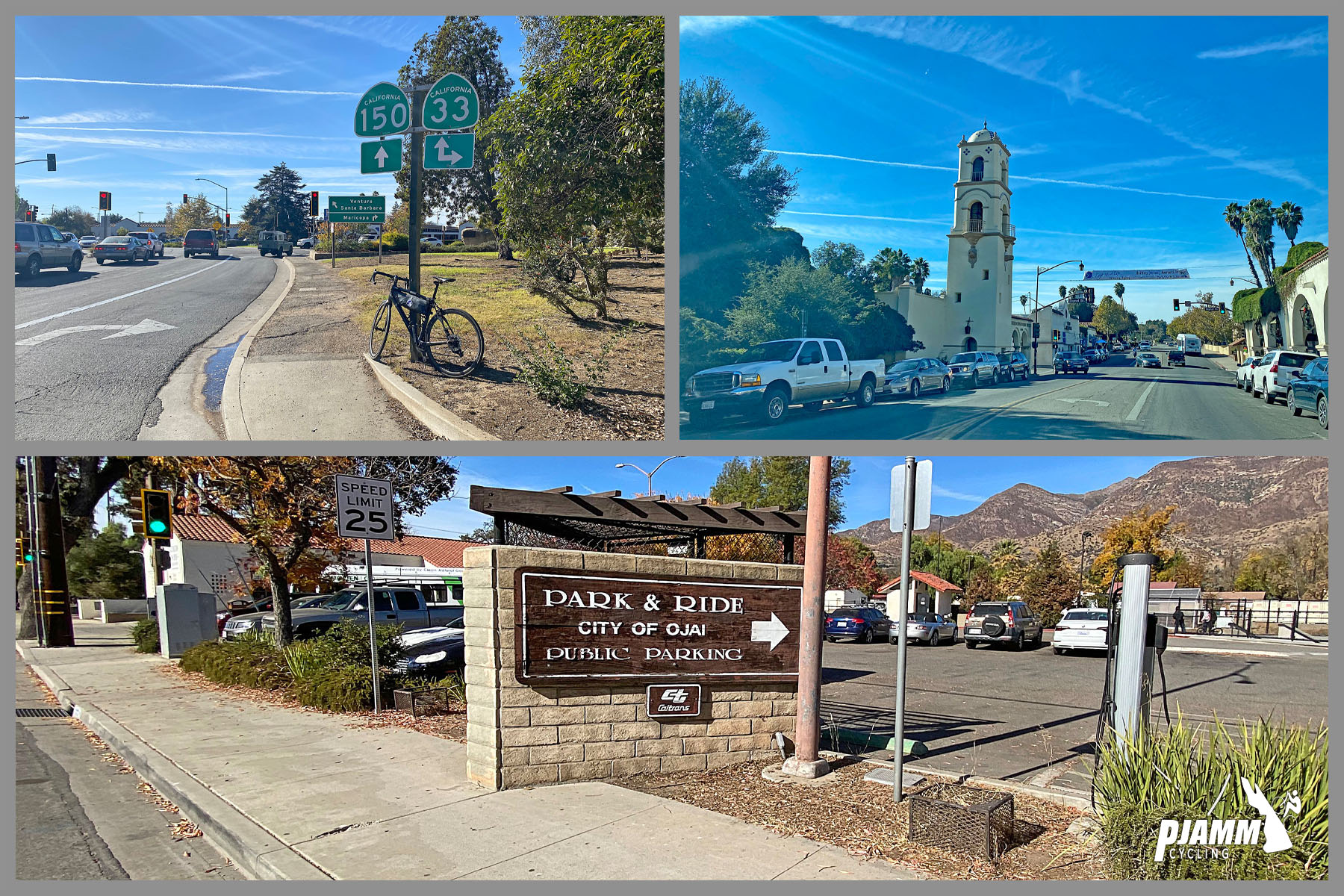 Cycling Highway 33 to Pine Creek Summit - parking options in Ojai before beginning of climb start, sign for Park and Ride