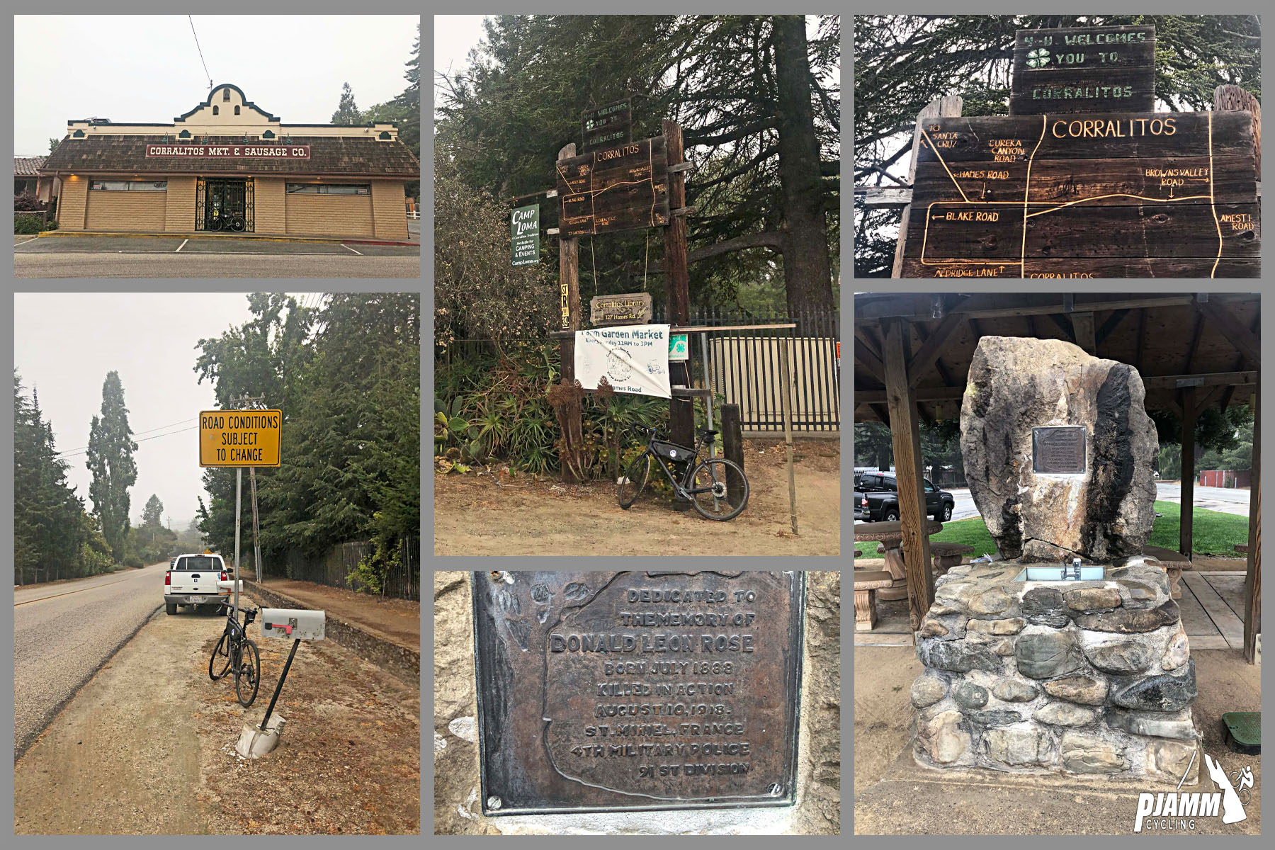 Cycling Eureka Canyon, Santa Cruz Mountains - Spanish style brown building Corralitos Market & Sausage Co., wooden map of the area, stone water faucet, yellow road sign saying "Road Conditions Subject to Change"