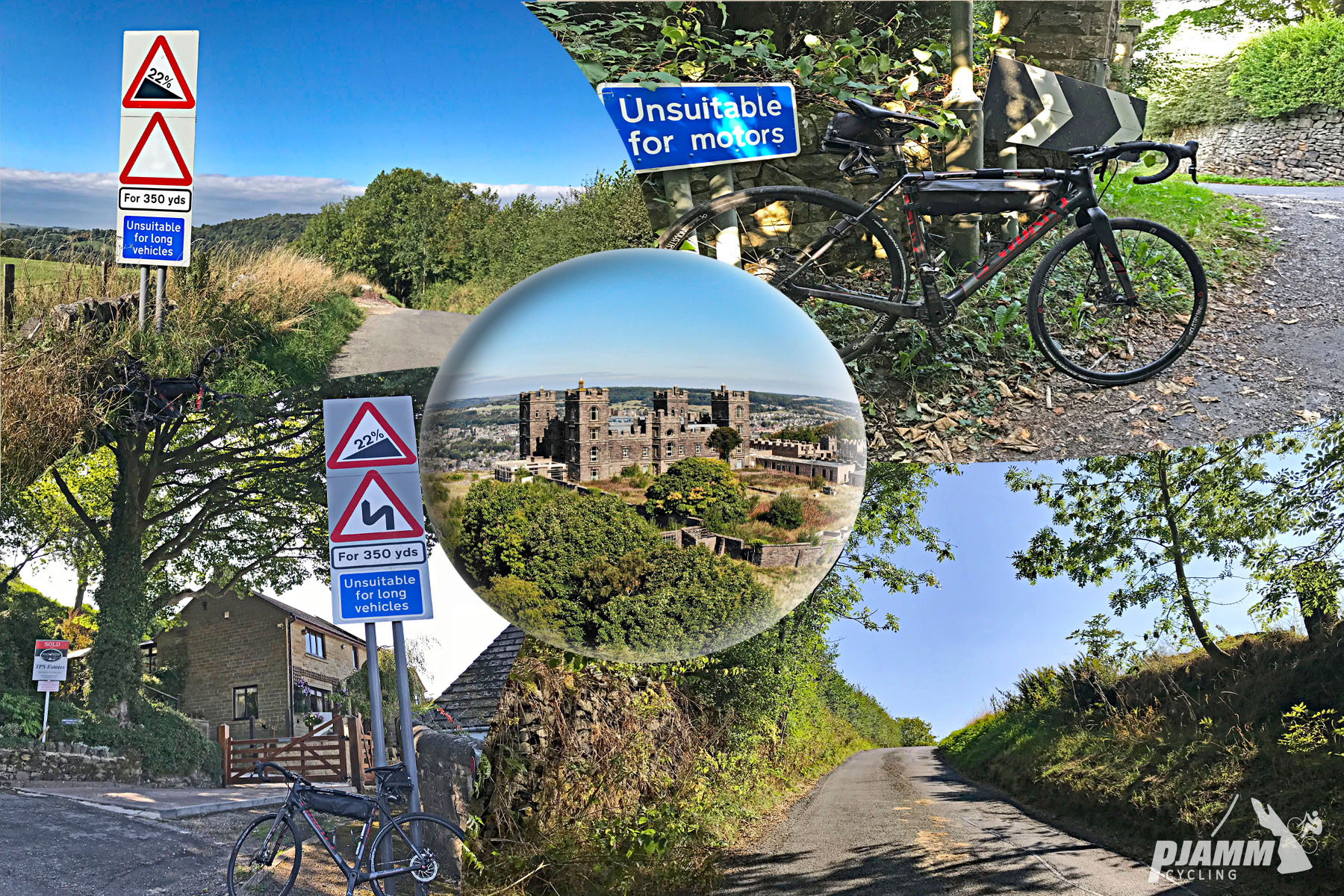 Cycling Riber, England - photo collage, road signs warning 22% grade, road unsuitable for long vehicles, road unsuitable for motors, bike leaning against wall in front of road sign, view from afar of Riber castle, view looking up the hill on a one-lane road, PJAMM Cycling logo in corner