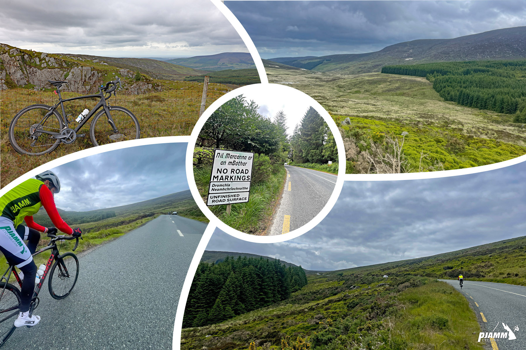 Cycling Wicklow Gap East, Ireland photo collage shows PJAMM Cyclist riding on wide open roadway, surrounded by lush Irish hillsides