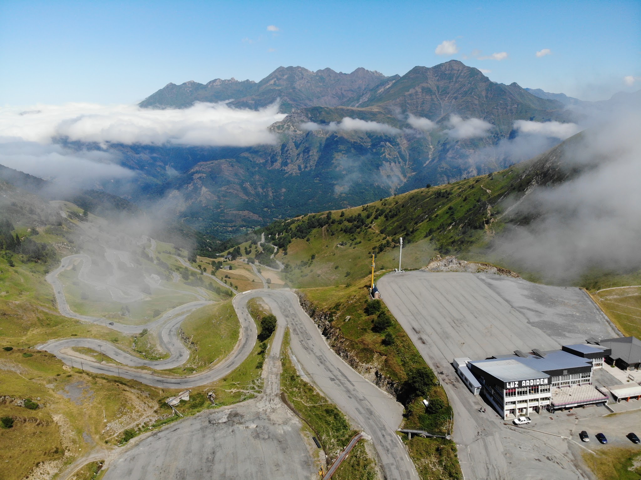 Cycling Luz Ardiden - aerial drone photo of hairpins at top of climb