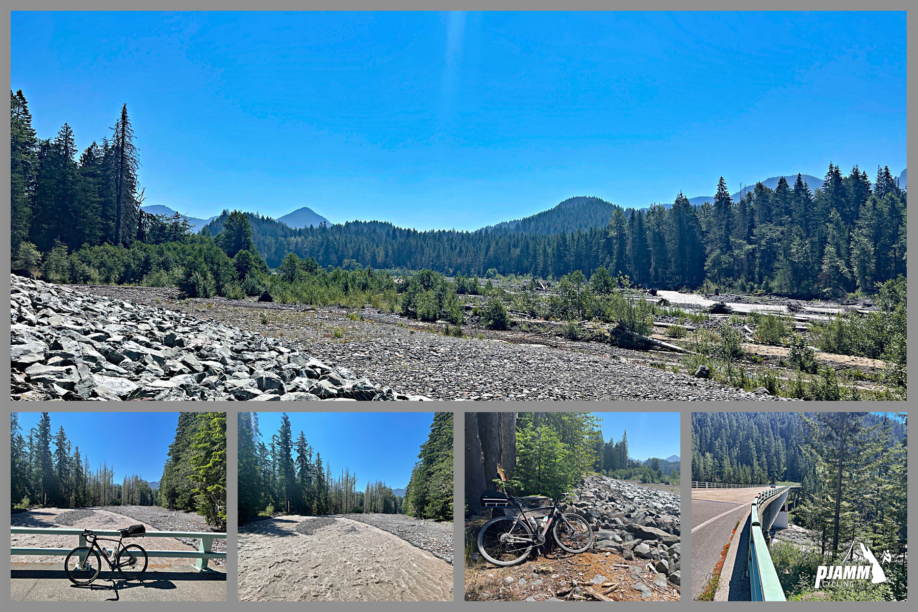 Photo collage, views of rocky landscape with evergreen covered mountains in background, PJAMM Cycling logo in corner