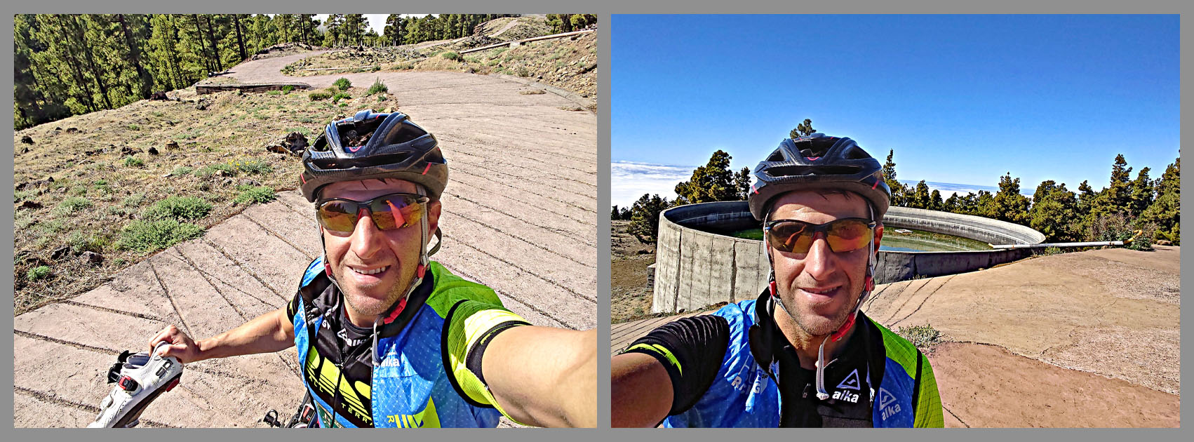 Cycling Llano de las Animas, Spain - cyclist at top of mountain, rooved pavement and a water tank behind him