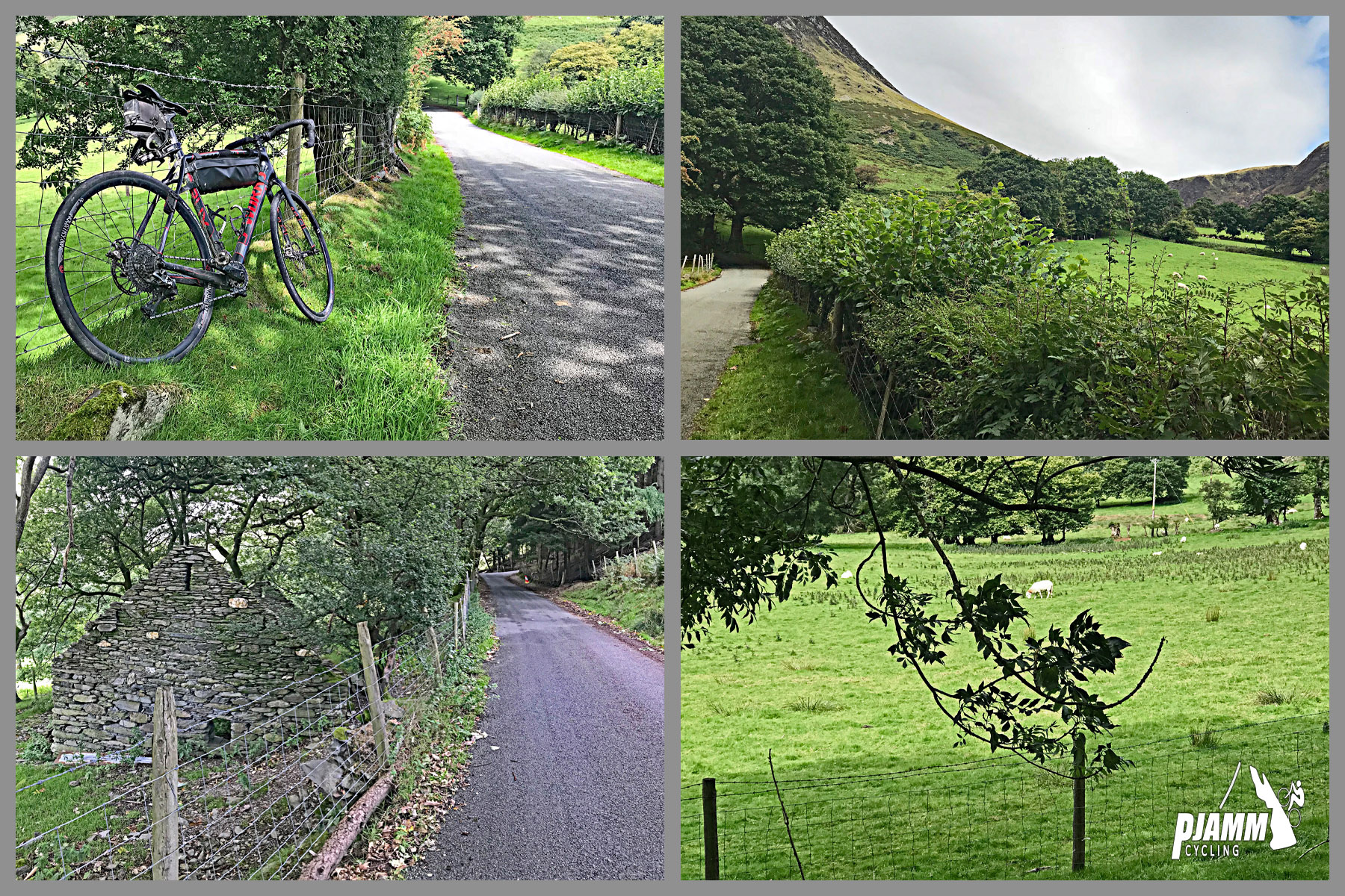 Cycling Bwlch y Groes - photo collage of bike leaning against wire fence on side of road, green pastureland and hillsides