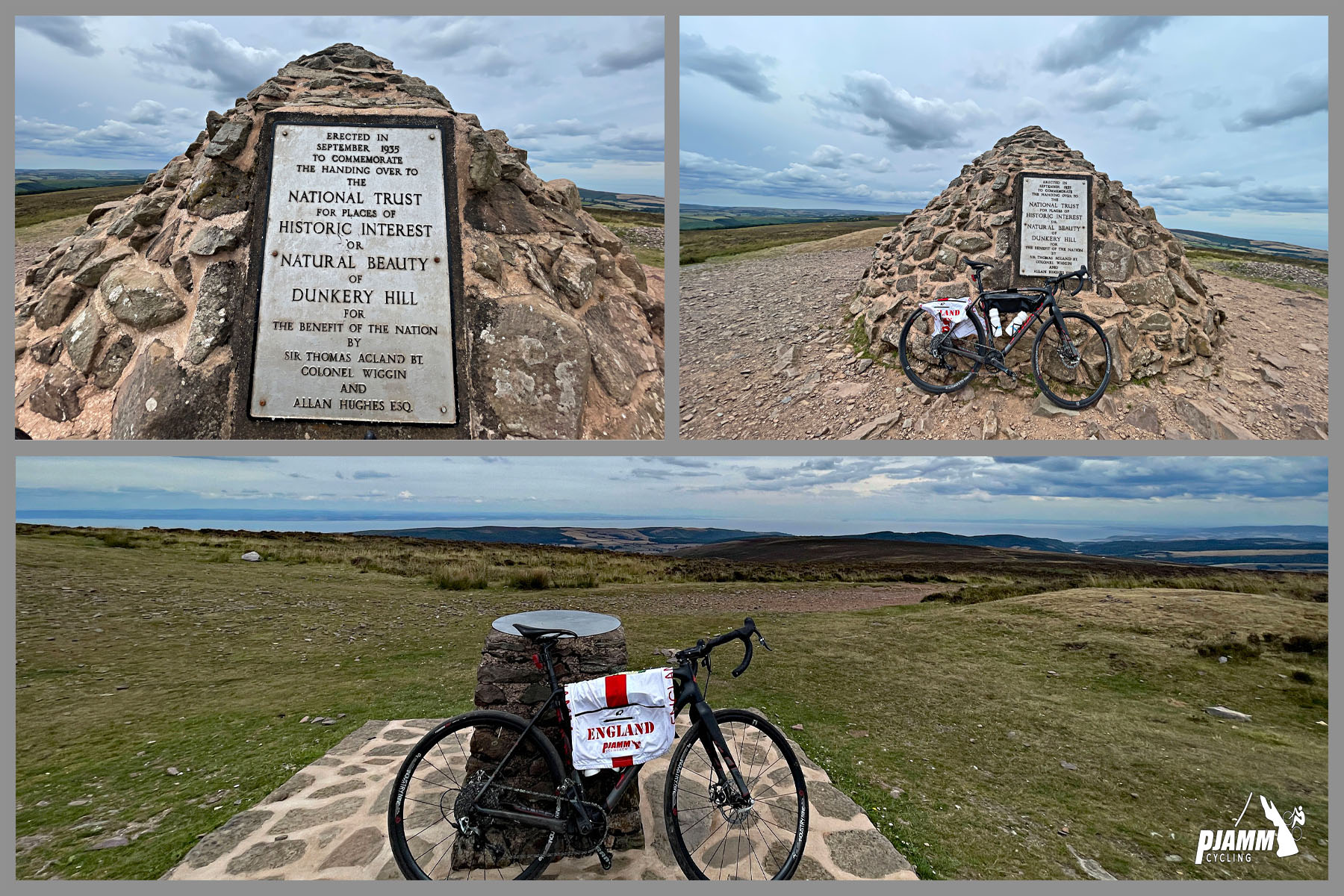 photo collage shows bike parked at stone monument, Dunkery Beacon, National Trust plaque