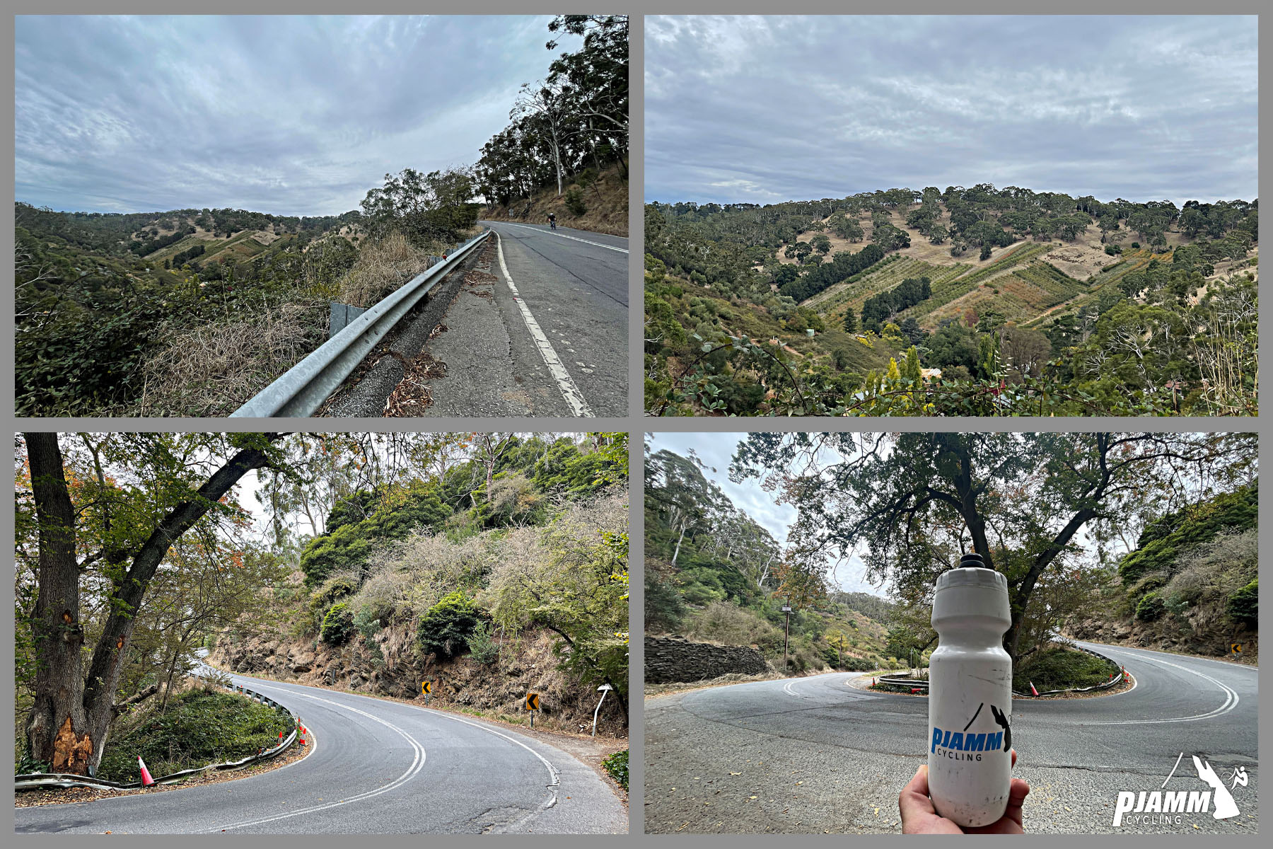 Cycling Old Norton Summit, Adelaide, Australia views along the climb; PJAMM Cycling water bottle in front of hairpin turn