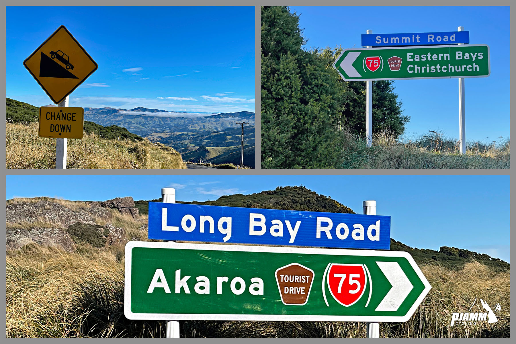 photo collage shows signs for Long Bay Road, Akaroa Tourist Drive